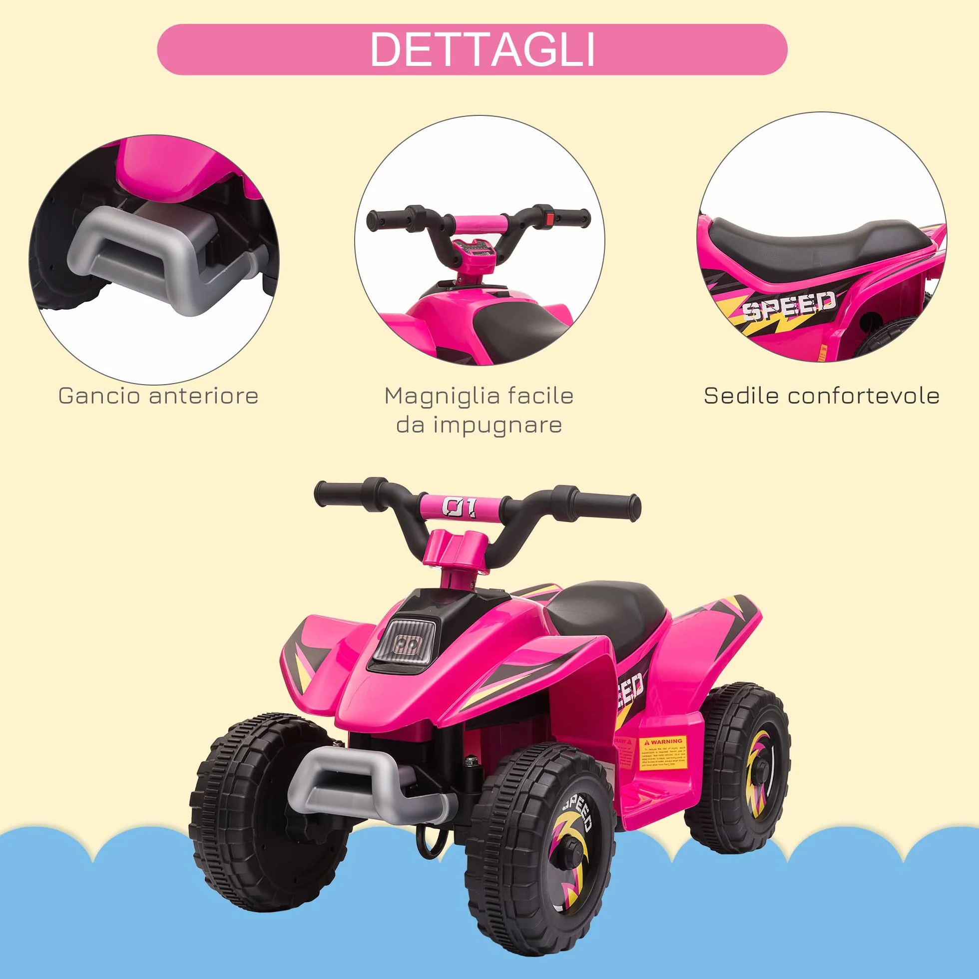 HOMCOM Quad Elettrico per Bambini da 18-36Mesi con Batteria Ricaricabile 6V, Velocità 2.8-4.6km/h, Funzione Avanti e Indietro, 72x40x45.5cm, Rosa