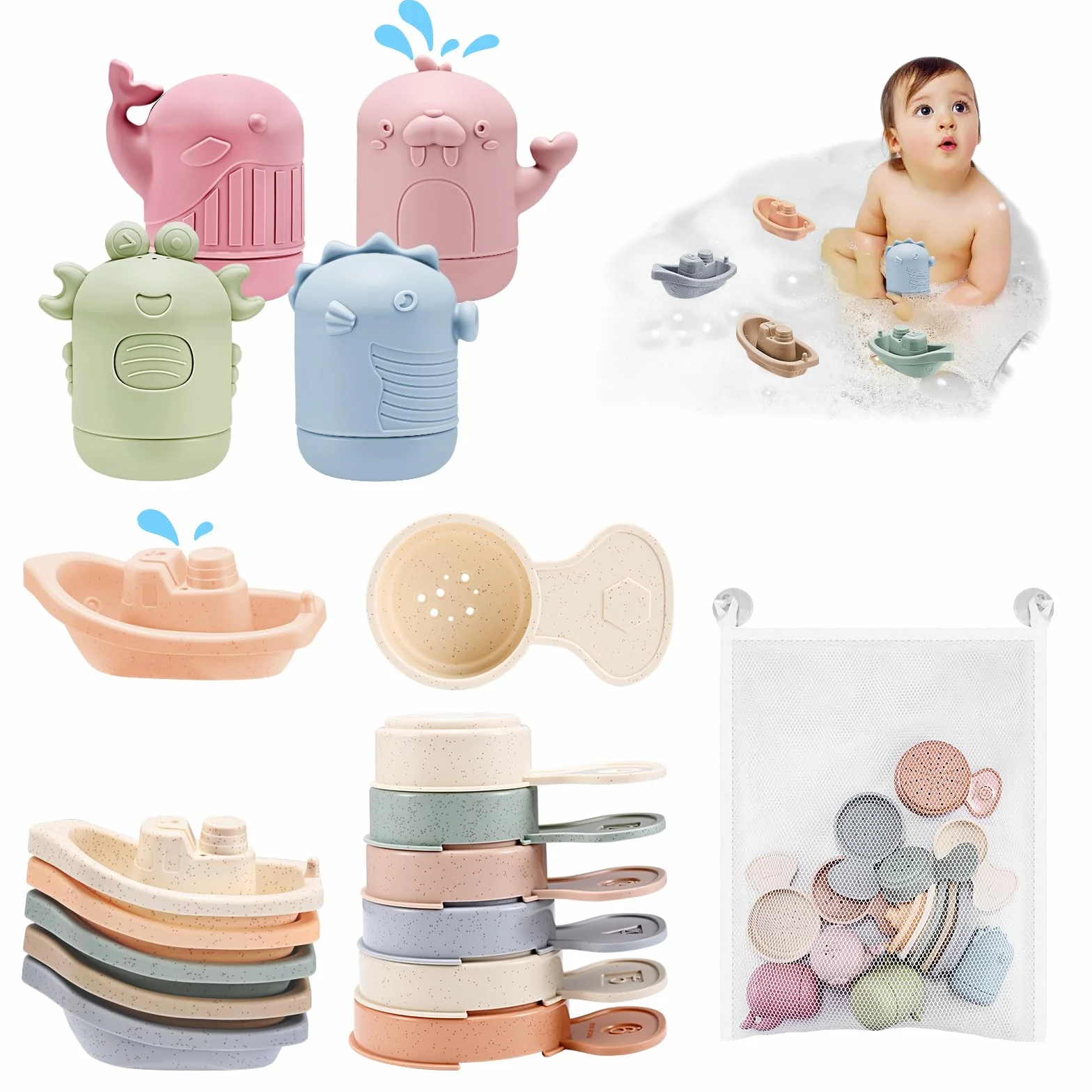 16 Pezzi Giochi da Bagno,Giochi per il bagnetto,Giocattolo da Bagnetto per Bambini,Giocattoli Animali in Silicone con barchette da bagno impilabili e cucchiaio,per Vasca da Bagno e Piscina