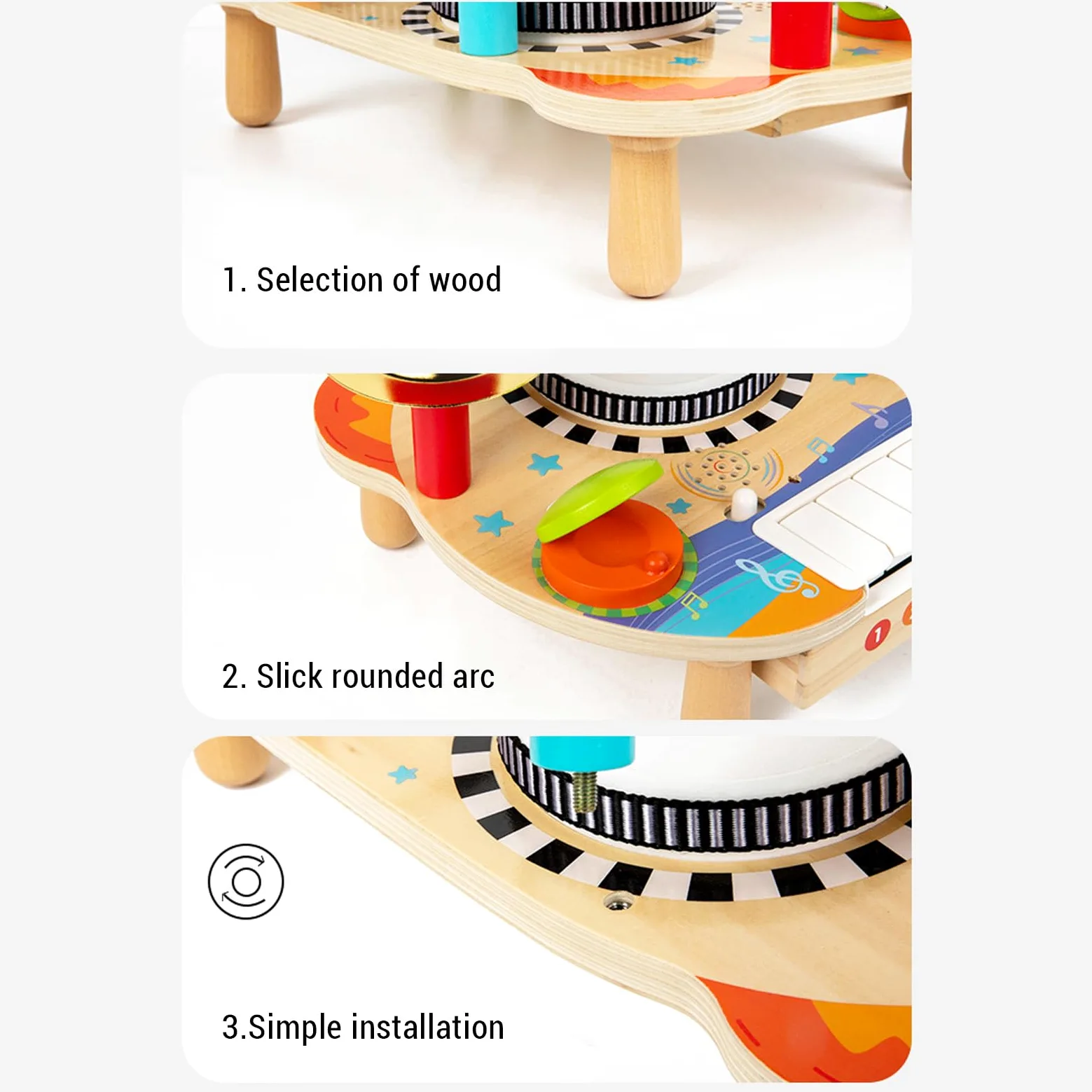 Fockety Set di Tamburo in Legno per Bambini con , Giocattolo Musicale per | Strumento a percussione per bambini, set musicale 3 in 1, per ragazzi e ragazze di età compresa tra 1 e 3 anni