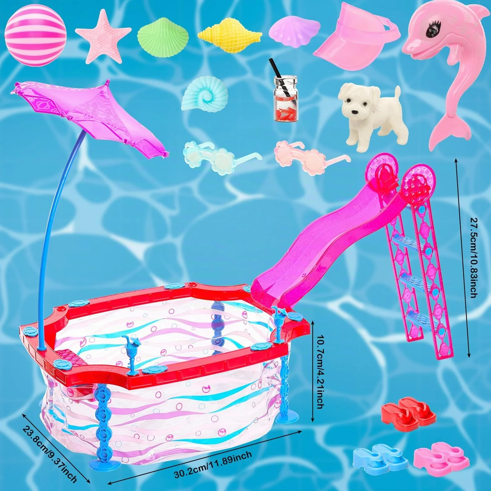 Miunana 23 Pezzi Per 11.5 Pollici 30 CM Bambola: 3 Costumi Da Bagno + 1 Vestito Sirena + 3 PCS Scarpe + Piscina + 15 Accessori D'Estate