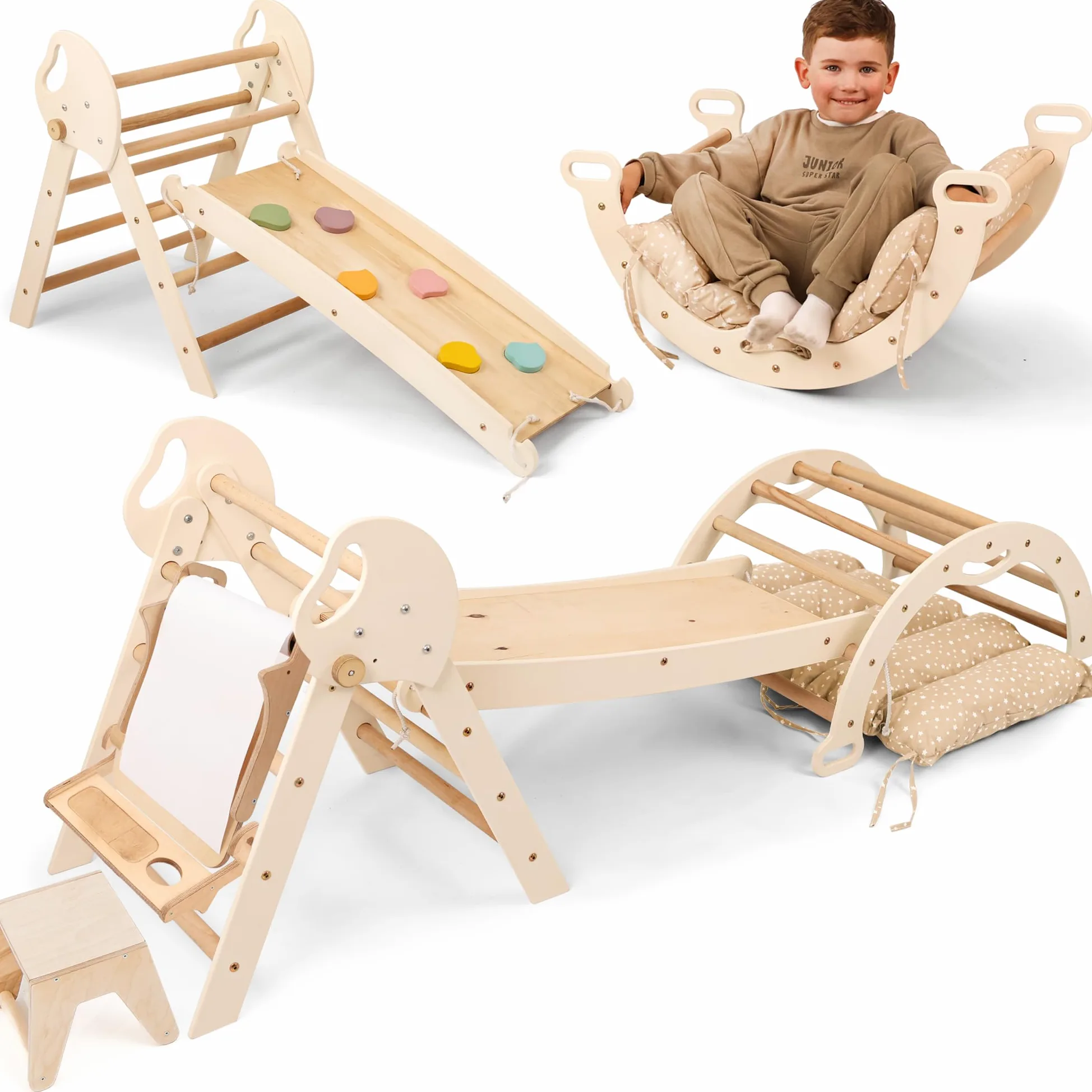 Goodevas 5-in-1 Struttura da Arrampicata per Interni in Legno con Scivolo – Triangolo Montessori per Bambini da 1 Anno, Parco Giochi per Interni, Giocattolo da Arrampicata per Bambini Triangolo