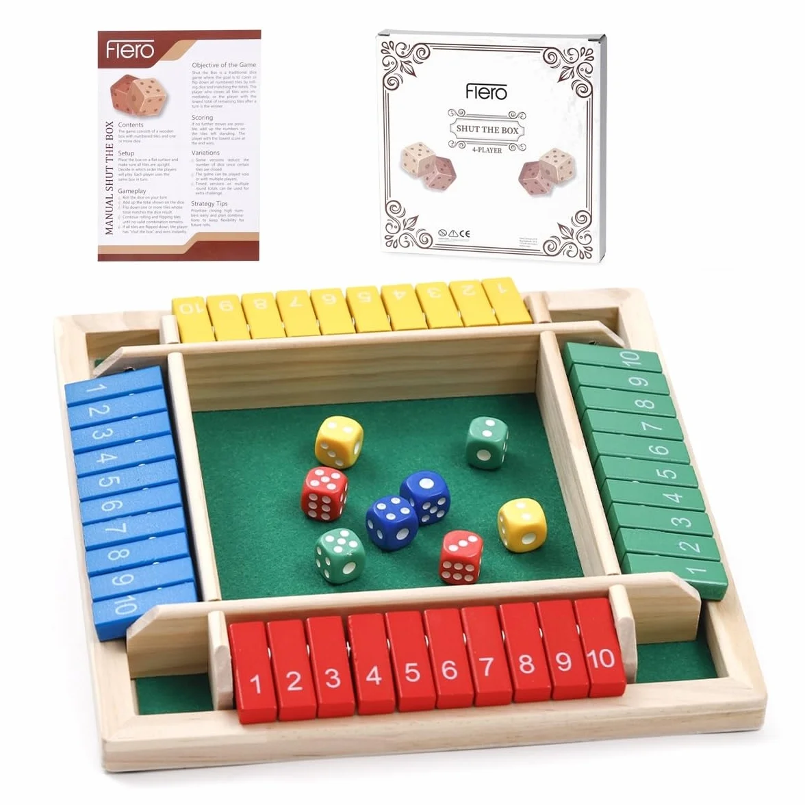 Flero Shut The Box - Gioco a dadi per 4 giocatori in legno - Gioco di tattica e calcolo (Multicolore) - Gioco da tavolo, giocattolo educativo, gioco didattico per bambini e adulti - 8 dadi