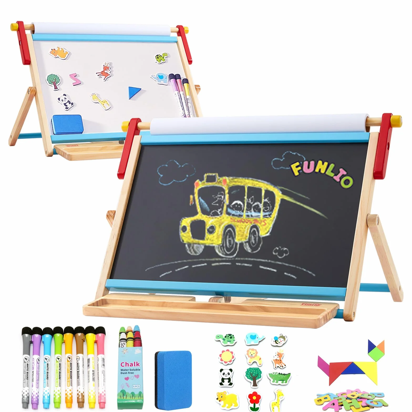 FUNLIO Cavalletto da Tavolo 3-in-1 per Bambini 3+ (100+ accessori), Lavagnetta Magnetica in Legno, Lavagna Cancellabile per Bambini con Rotolo Carta, 3 Angoli Regolabili, Pieghevole - Blu
