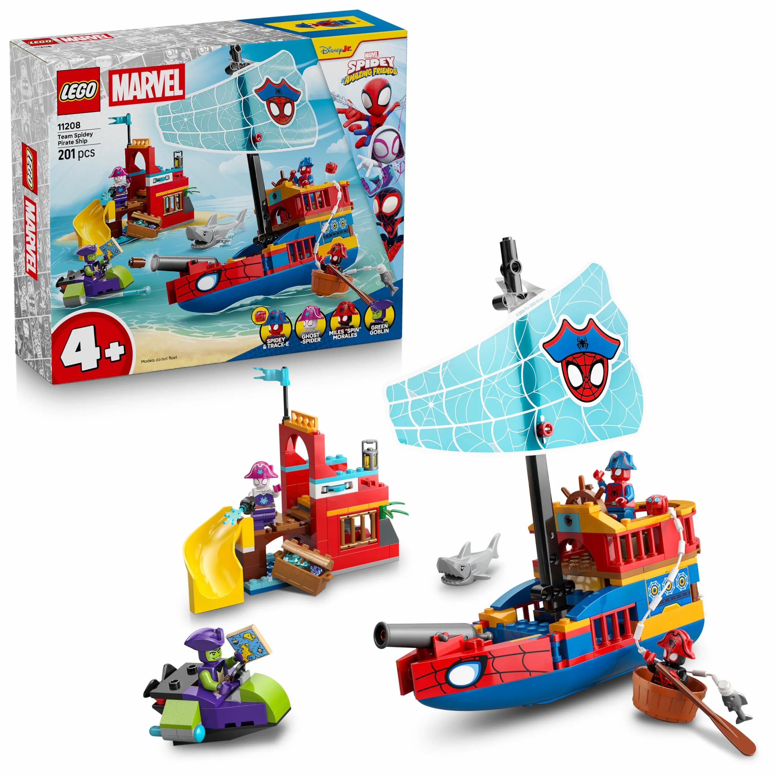 LEGO ǀ Marvel Nave Pirata del Team Spidey - Set dei Supereroi con Nave Giocattolo, 2 Barche e 4 Minifigure - Regalo per Bambini da 4 Anni Fan dello Show Spidey e i Suoi Fantastici Amici - 11208