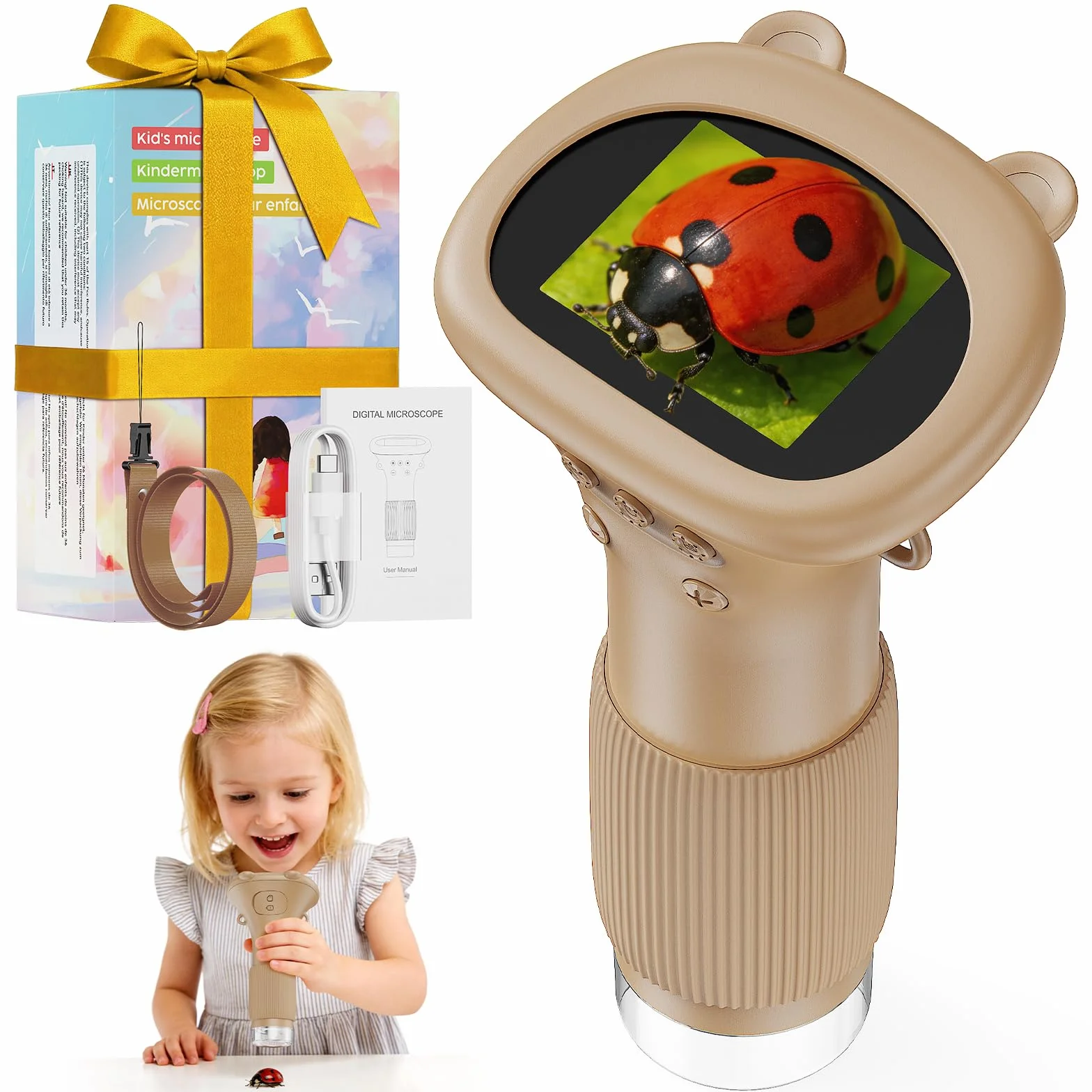 Microscopio Bambini Portable Zoom 1000X - Microscopio Digitale Mini Ricaricabile, Microscopi con Definizione 8 Luci LED Regolabili, Bambini Giocattolo Educativo, Regalo di Natale(Marrone)