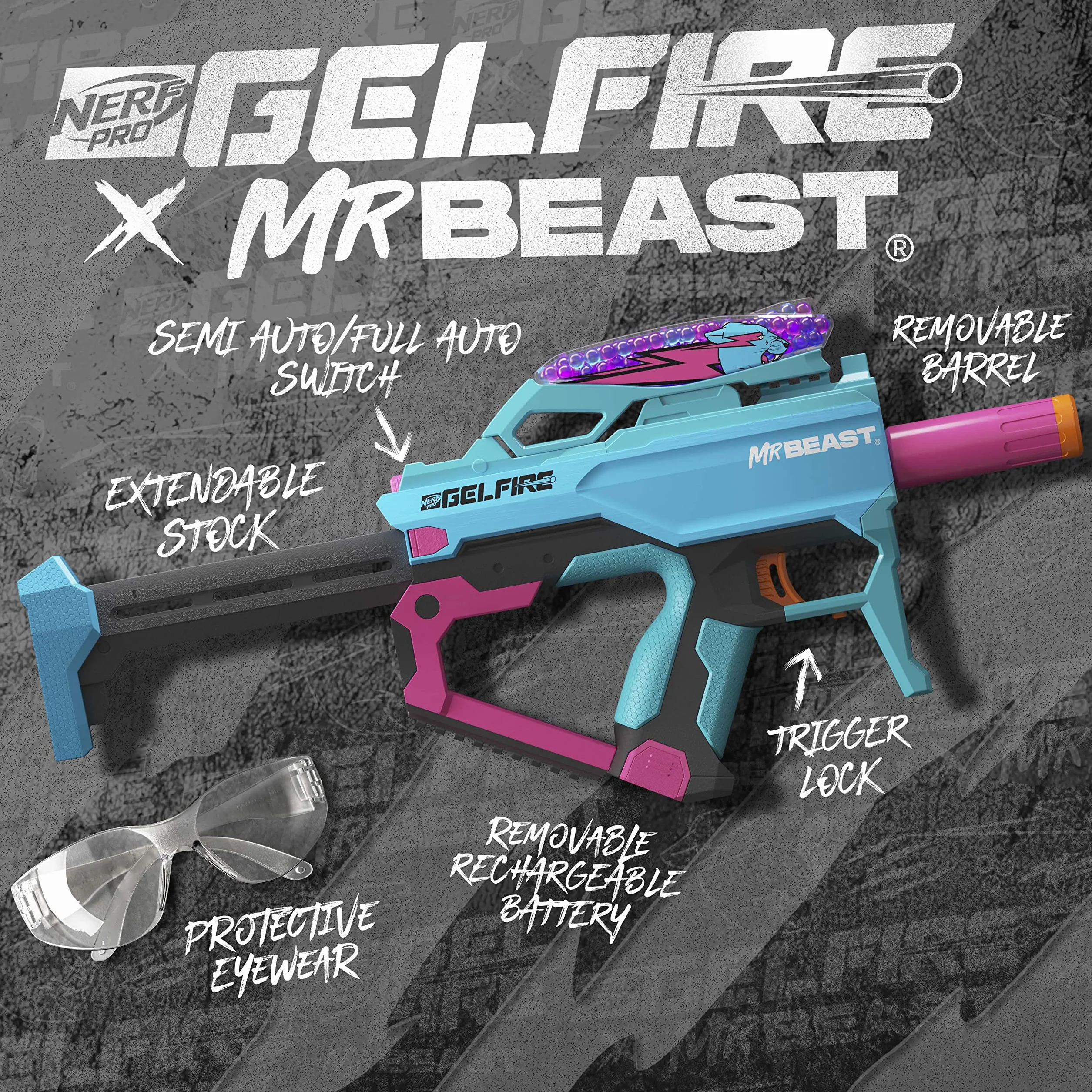 Nerf Pro Gelfire X MrBeast Blaster, 1600 Gelfire Rounds, 300 Round Hopper, Batteria Ricaricabile, Occhiali
