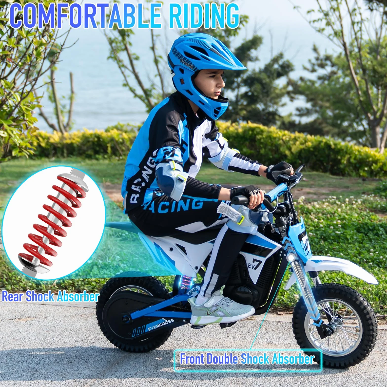 EVERCROSS EV12M PRO Motocicletta Elettrica, Moto Elettrica con Motore da 300W, 3 Modalità di Velocità, Pneumatico da 12'', Musica Bluetooth, Luci Colorate, Moto Cross per Bambini da 110cm di altezza