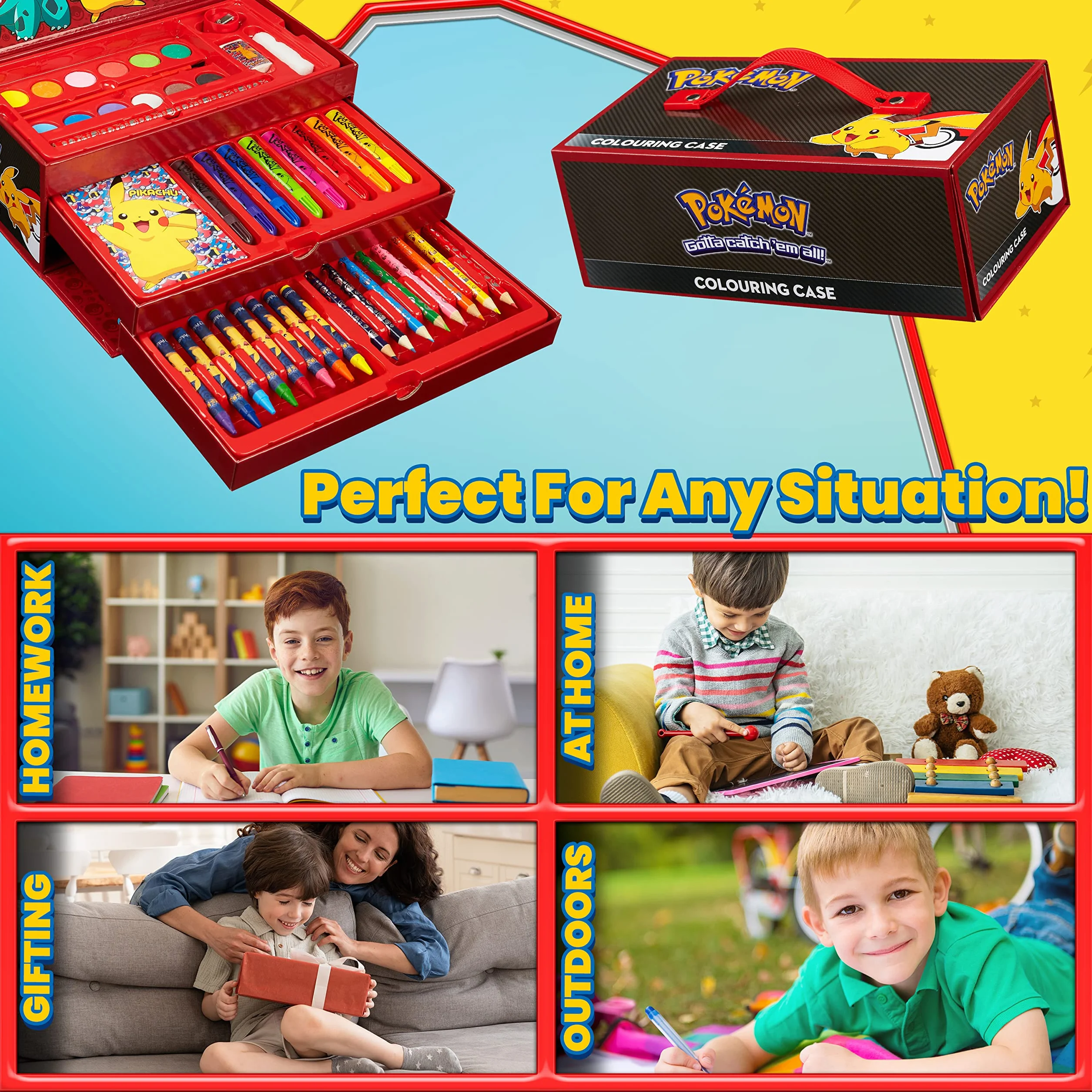 Pokemon Valigetta Colori per Bambini Accessori D'arte Matite Colorate Pastelli a Cera Pennarelli Acquerelli Pikachu Regalo Bambino Nero Rosso