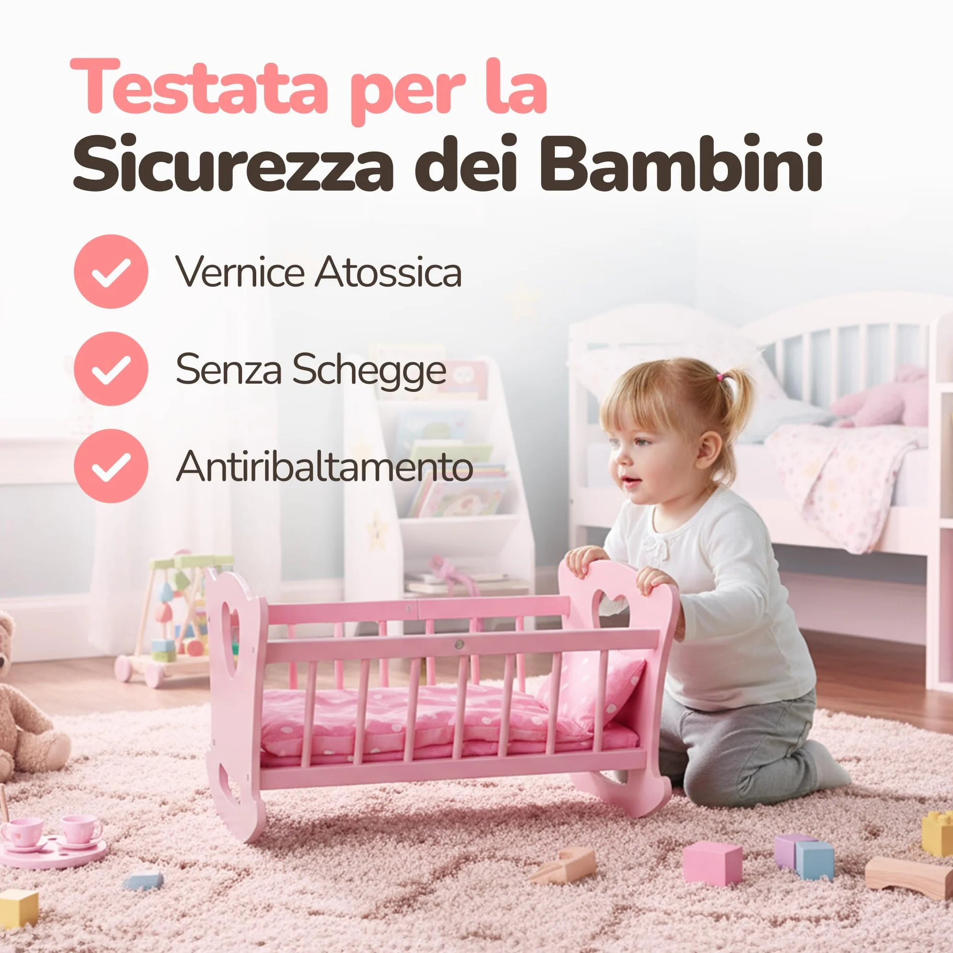 Kinderplay Culla per bambole in legno con biancheria da letto, letto a dondolo per bambole fino a 49,5 cm, giocattolo sostenibile in legno per ragazze dai 3 anni in su, letto per bambole con materasso