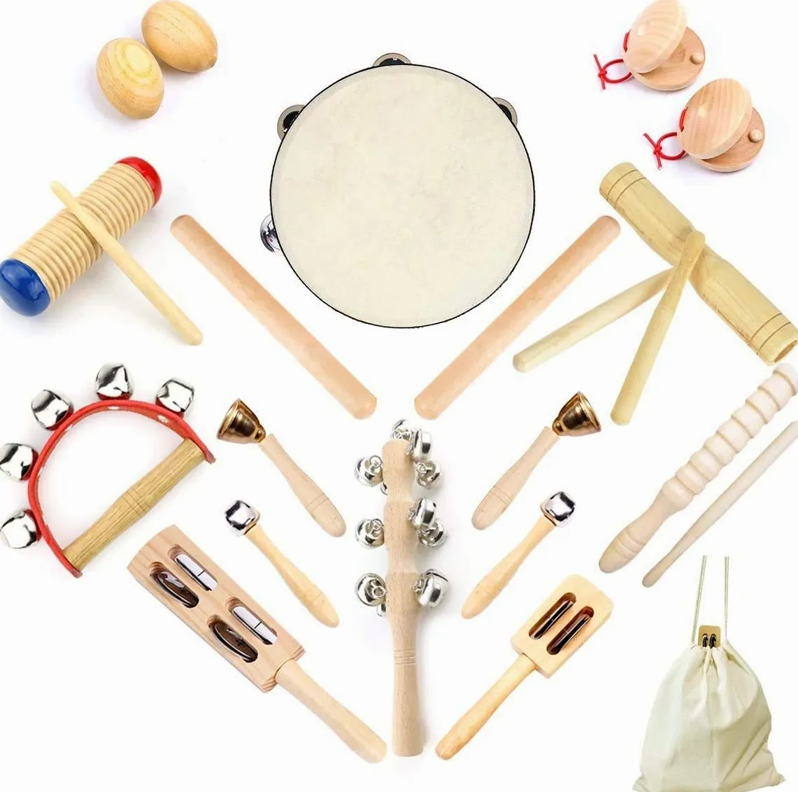 Strumenti Musicali Bambini, ULIFEME 23 Pezzi Strumenti Musicali Legno, Giochi Musicali A Percussione Giocattolos per Bimbi, Set Ritmo di Percussioni Premium, Materiale 100% Legno Puro+ Borsa di Cotone
