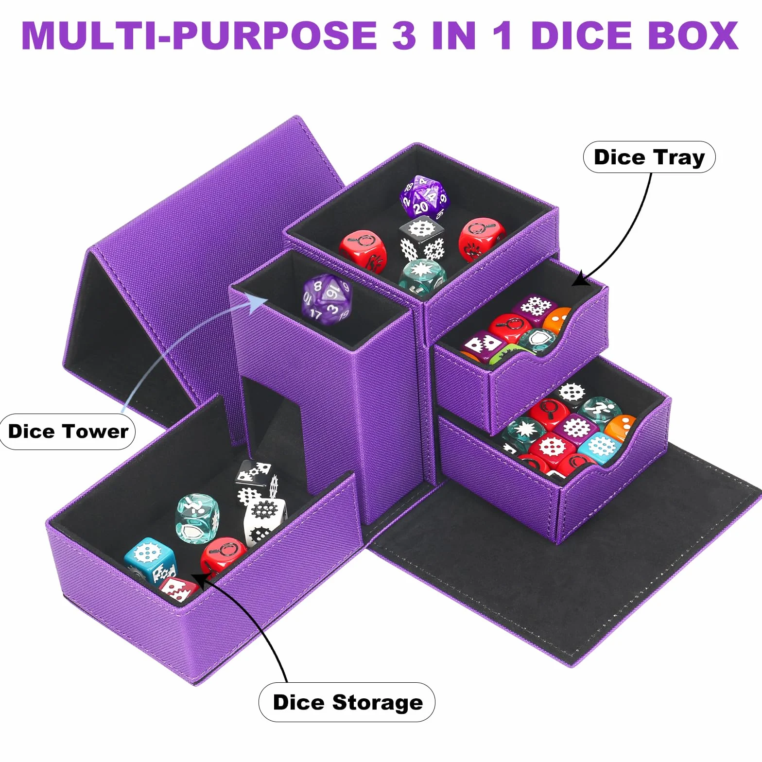 Vassoio per dadi e rullo per dadi a torre, scatola magnetica per dadi per rotolamento, 3 in 1, in pelle, organizer per dadi adatto per Dungeons & Dragons, MTG DM e Player, viola e nero