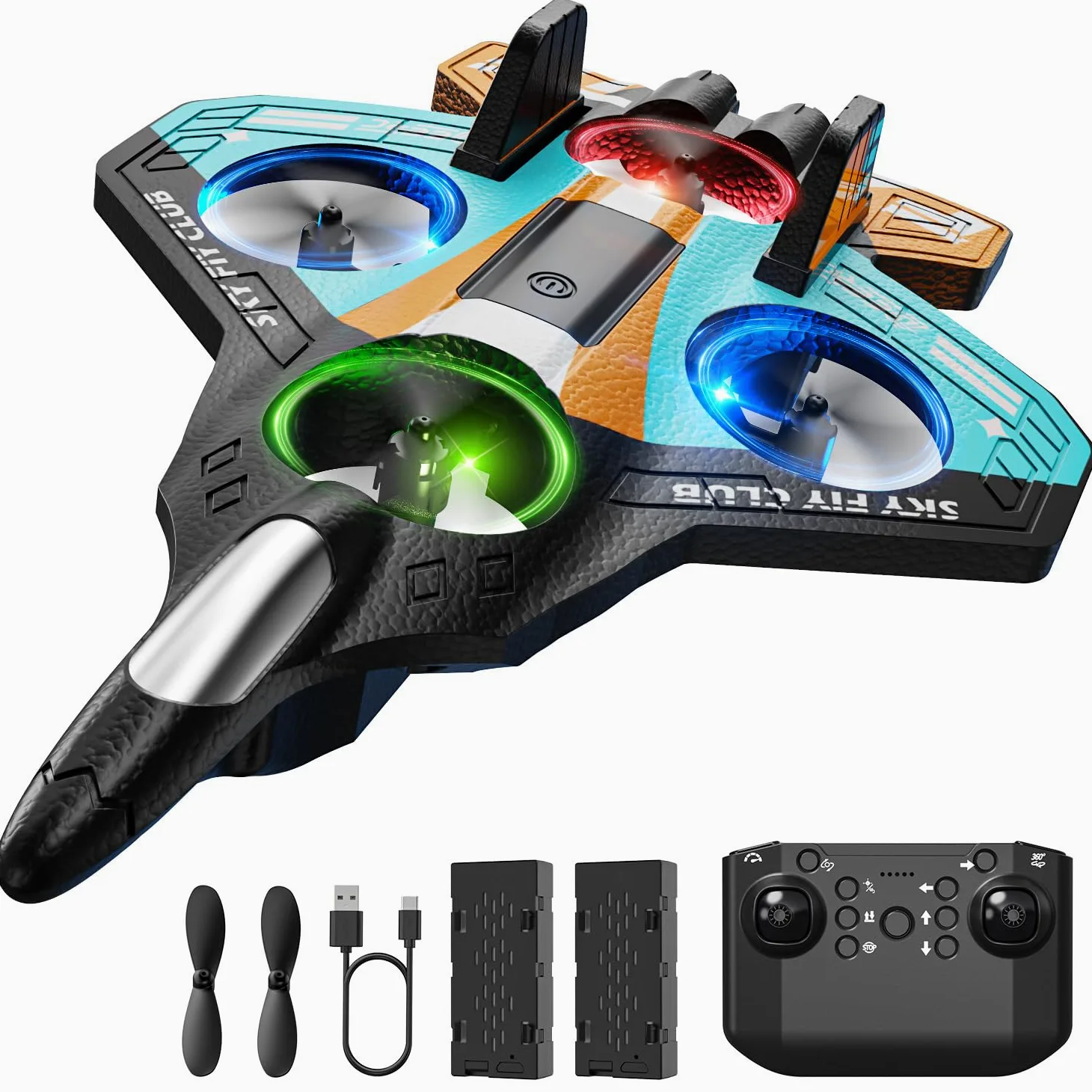 DEERC Aereo in schiuma RC per bambini, aereo radiocomandato in altezza, clip 3D e luci a LED, 2 batterie, aereo RC adatto ai principianti per ragazzi e ragazze (blu-arancio)