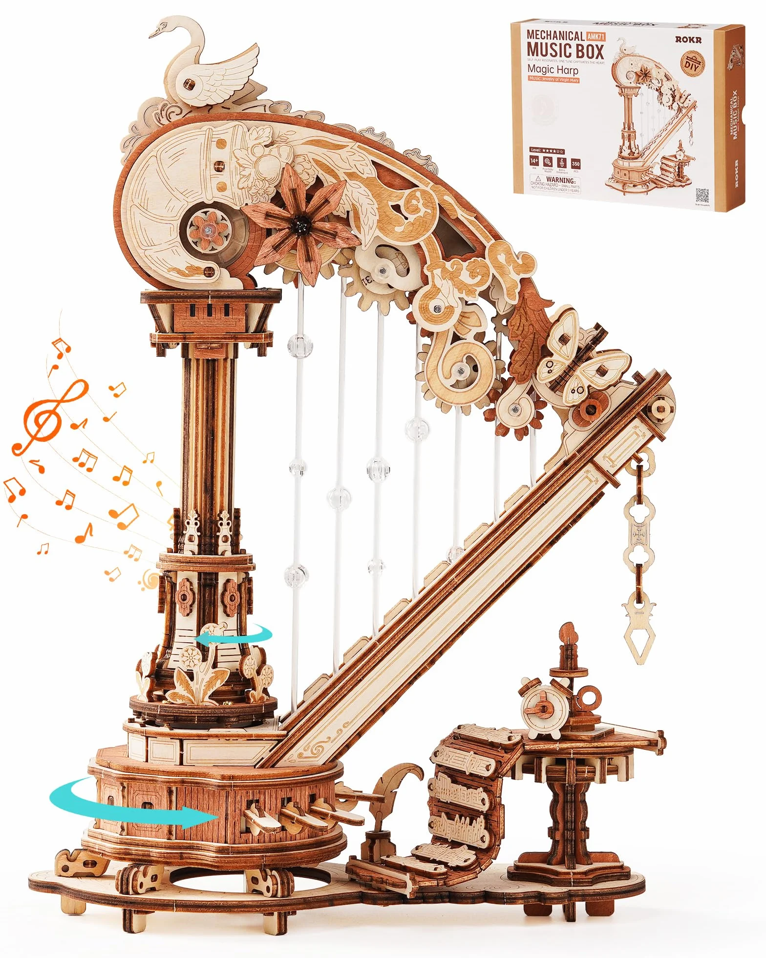ROKR Puzzle 3D in Legno Arpa Modellismo da Costruire Adulti,Meccanico Musica Scatola,Regalo di Compleanno