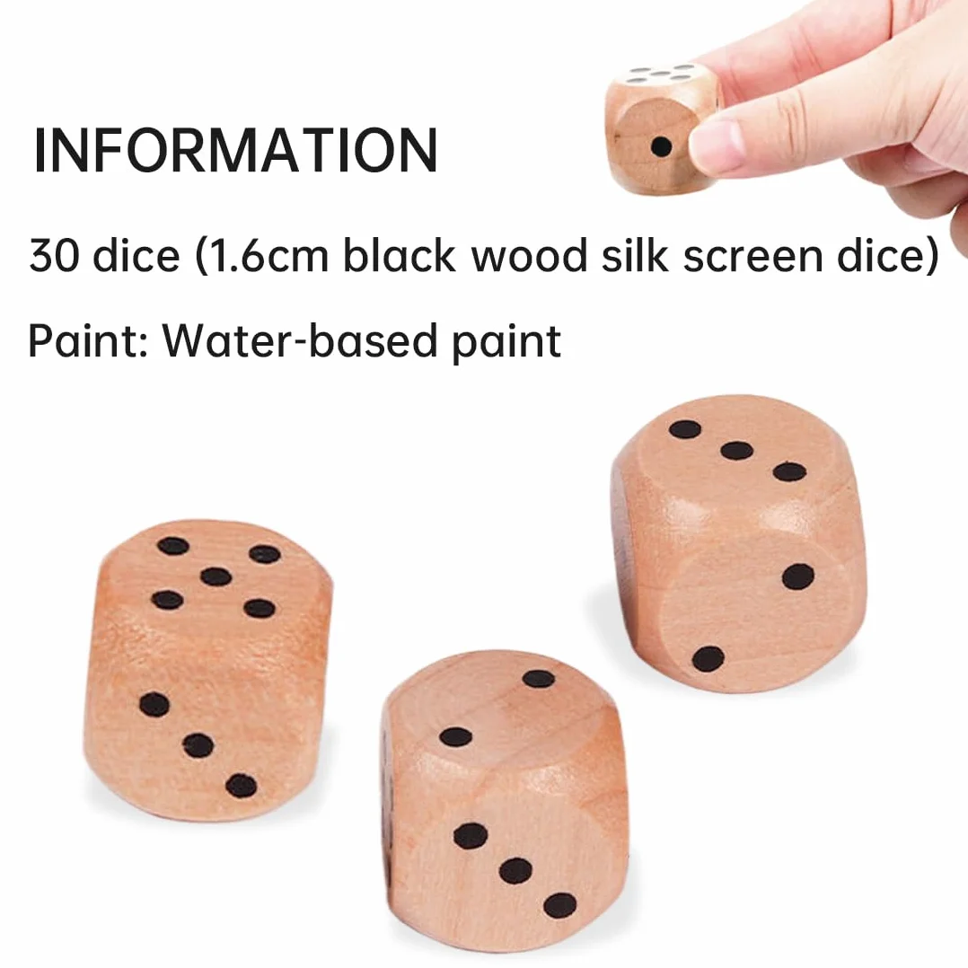 30 Pezzi Dadi in Legno Naturale, 6 Lati, Accessori per Giochi da Tavolo e di Carte