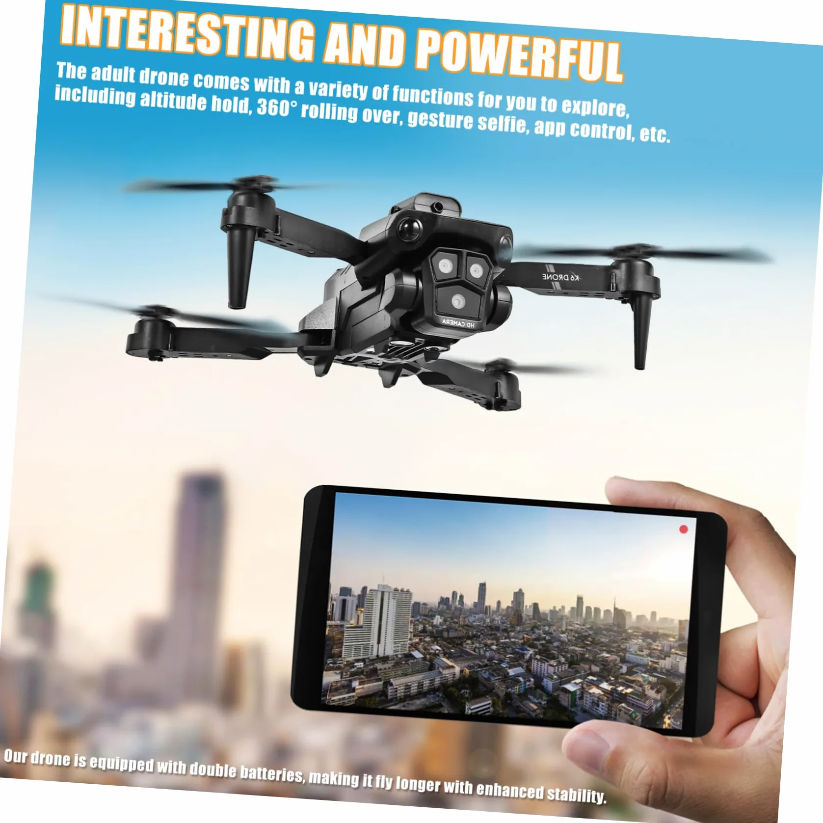 Drone Pieghevole Max con Tripla Fotocamera, Nero Abs | Obiettivo Elettrico 150°, Capacità 1800mah 3,7v, Doppie Batterie per Uso Adulto