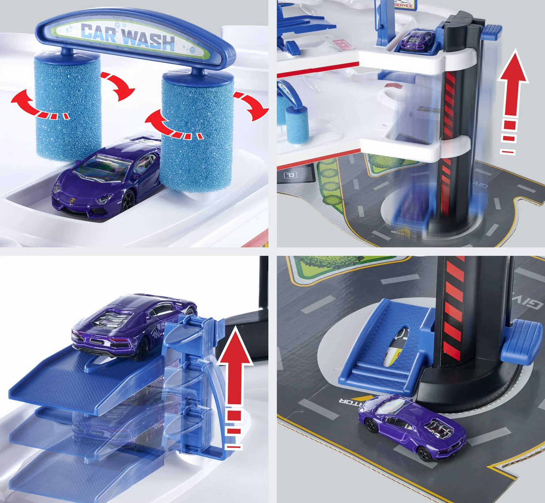 Majorette - Urban Garage, parcheggio a 3 Livelli con Ascensore, Autolavaggio e Pompa di Benzina, Include 5 Auto in Die-Cast in Scala 1:64, dai 3 anni
