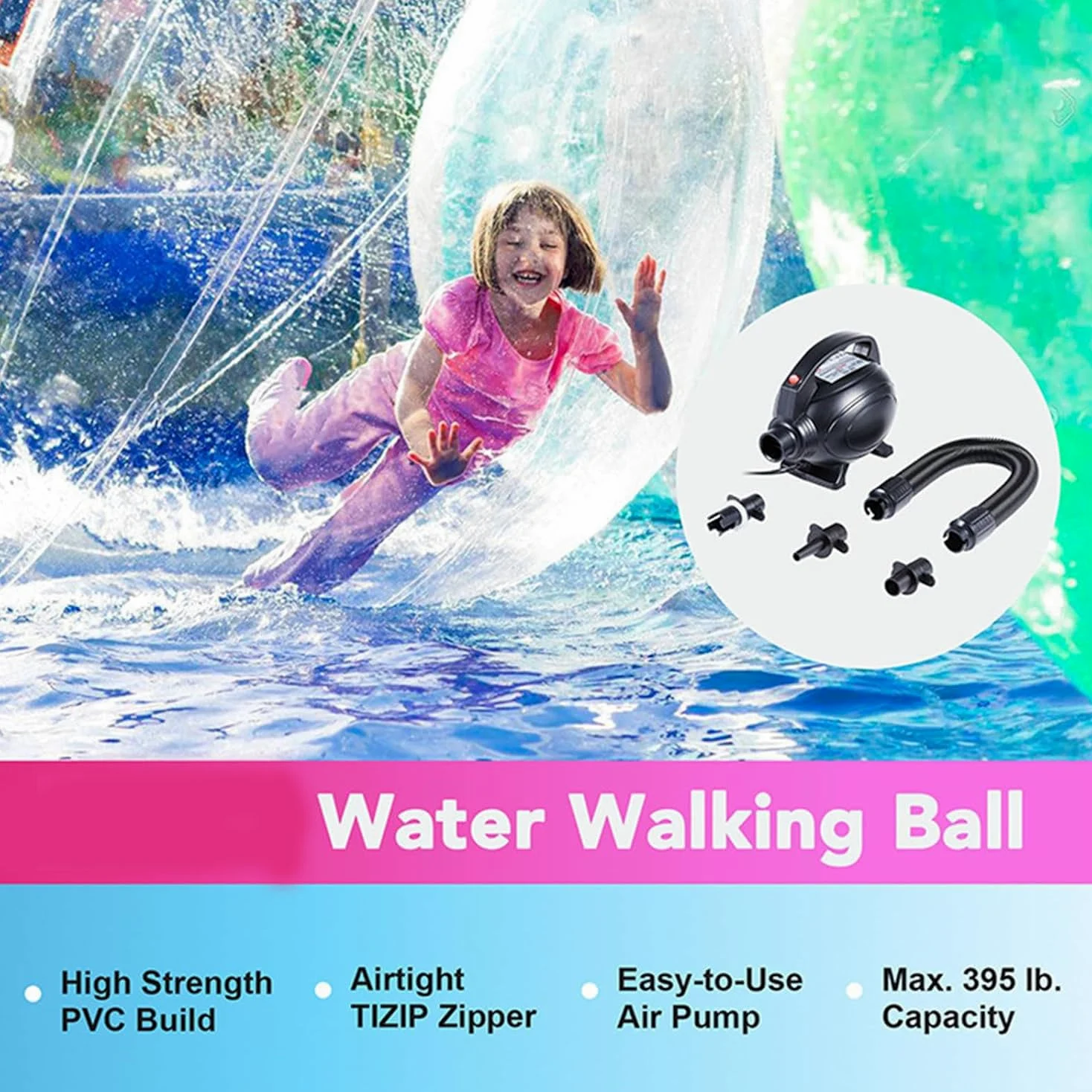 Palla da passeggio per acqua con pompa ad aria, palla galleggiante trasparente gonfiabile per piscina, piscina, intrattenimento acquatico, palla gonfiabile in PVC, per piscina/lago/fiume (diametro 2,2