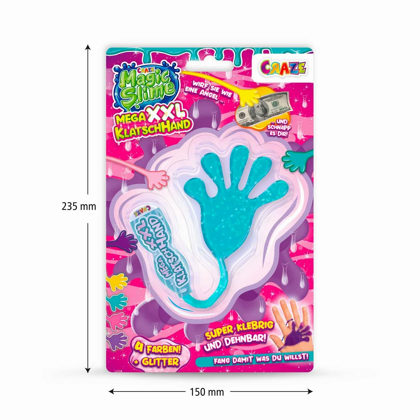 CRAZE MAGIC SLIME, Sticky Hand 12-pack - Sticky Hand per bambini XXL, 12x mani appiccicose per bambini con groff e glitter, super appiccicose ed elastiche