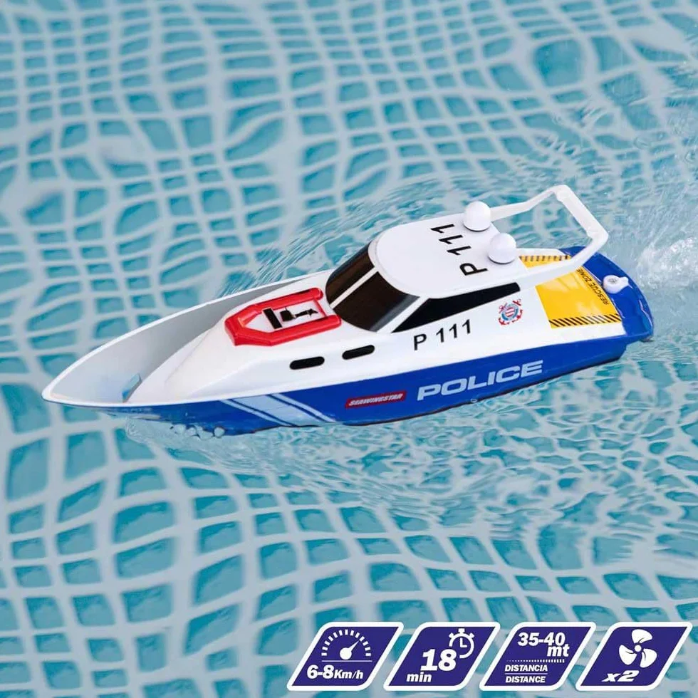 ColorBaby 47674 Racing Boat Barca radiocomandata polizia, 36x10x10 cm, Telecomando, 6 direzioni, 2.4 GHz, portata 35-40 m, barca RC, giocattoli radiocontrollati, giocattoli per bambini, +4 anni