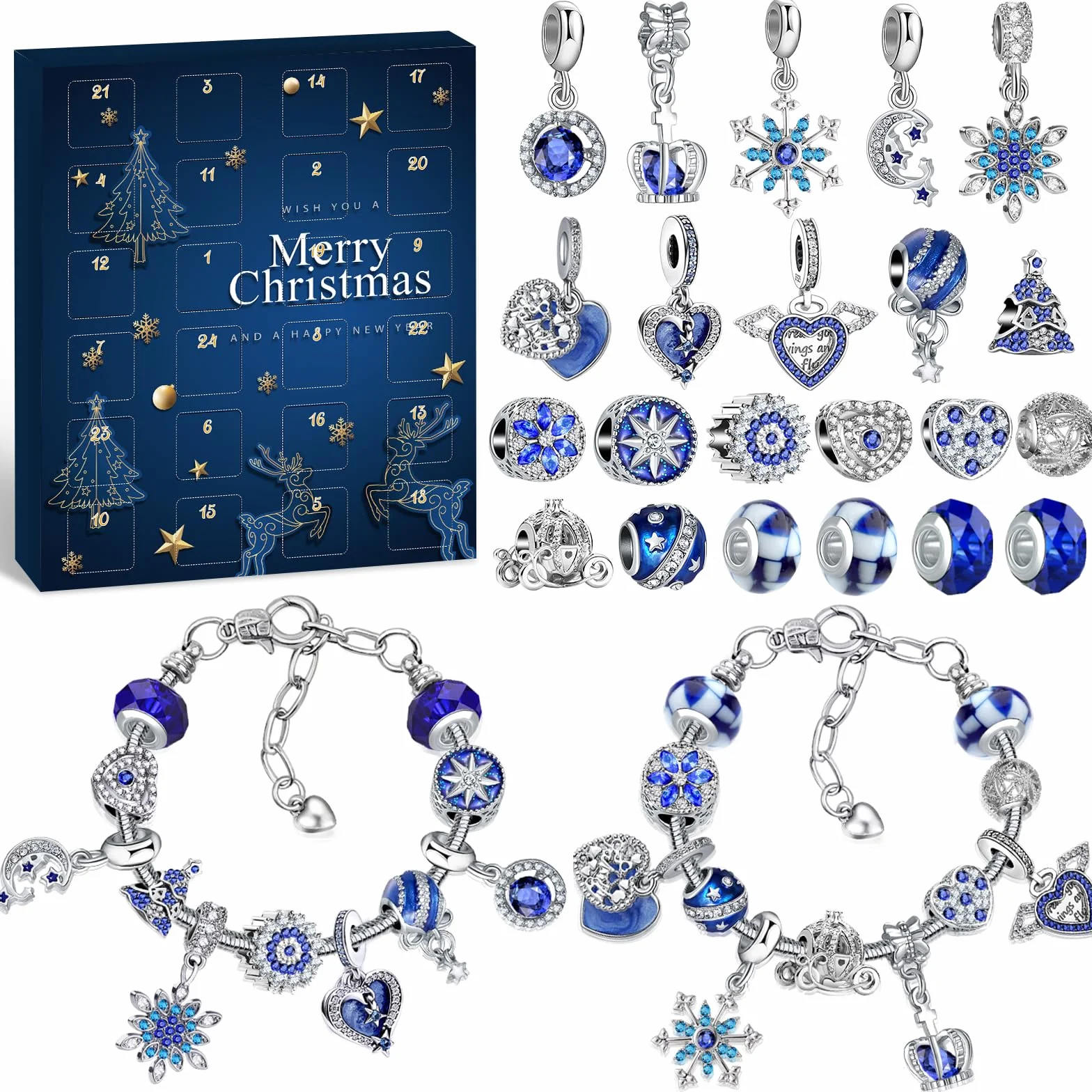 Calendario dell'Avvento 2025 Donna Gioielli Bracciale,Calendario Avvento Ragazza Sorprese Regali,Bambina Natalizi Ciondoli Kit 2 Catene 22 Charms Accessori fai da te Perline Blue