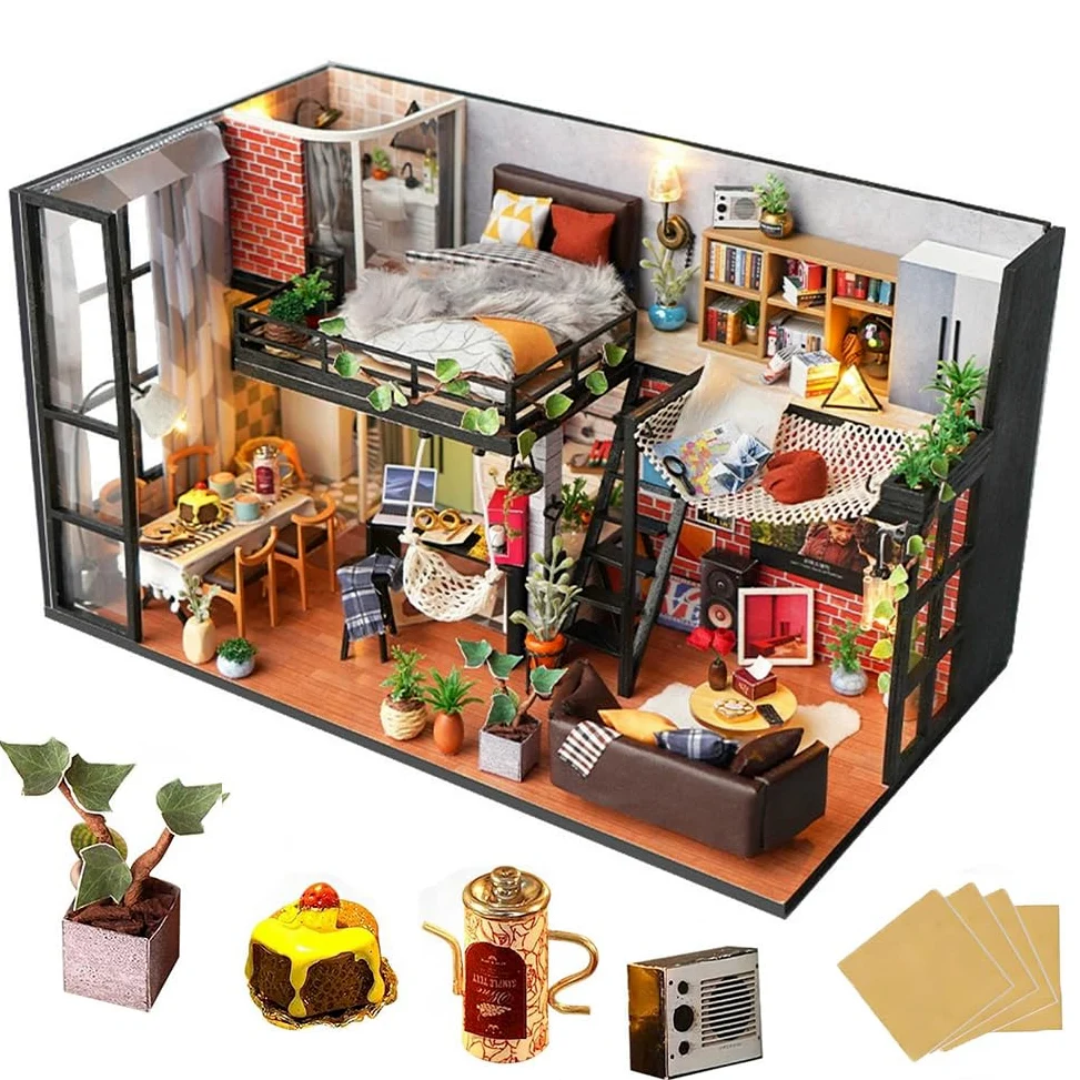 Kit fai da te in miniatura per casa delle bambole con copertura antipolvere, kit fai da te per casa delle bambole in legno per stanza creativa, mini kit di costruzione per adulti