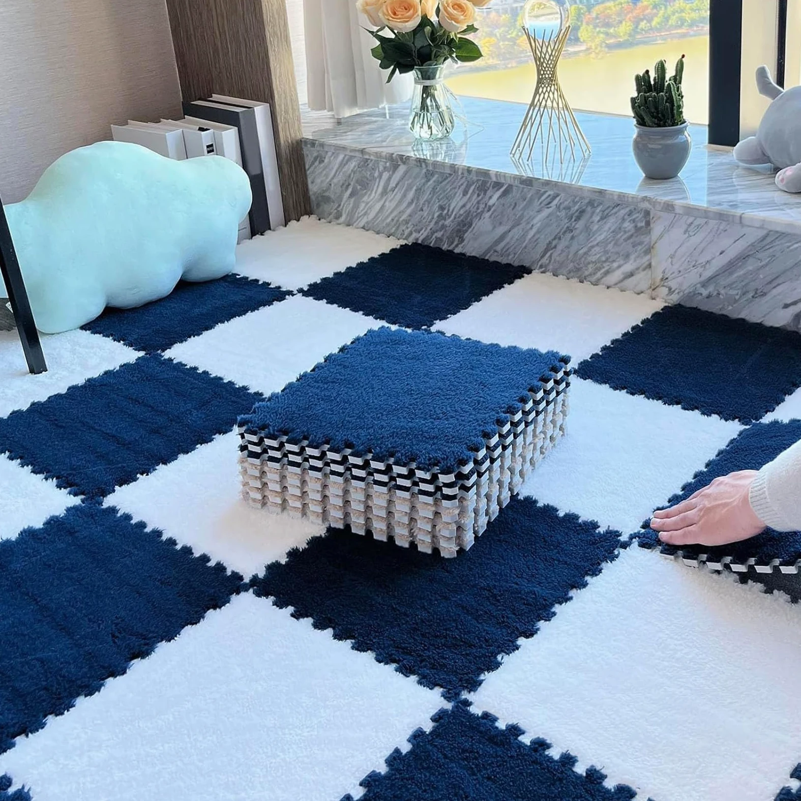 tappetini in schiuma, Tappetino puzzle in schiuma da 12x12 pollici con piastrelle ad incastro, confezione 24, multicolore, 0,23-0,39(White+navy Blue,0.23 Inch)