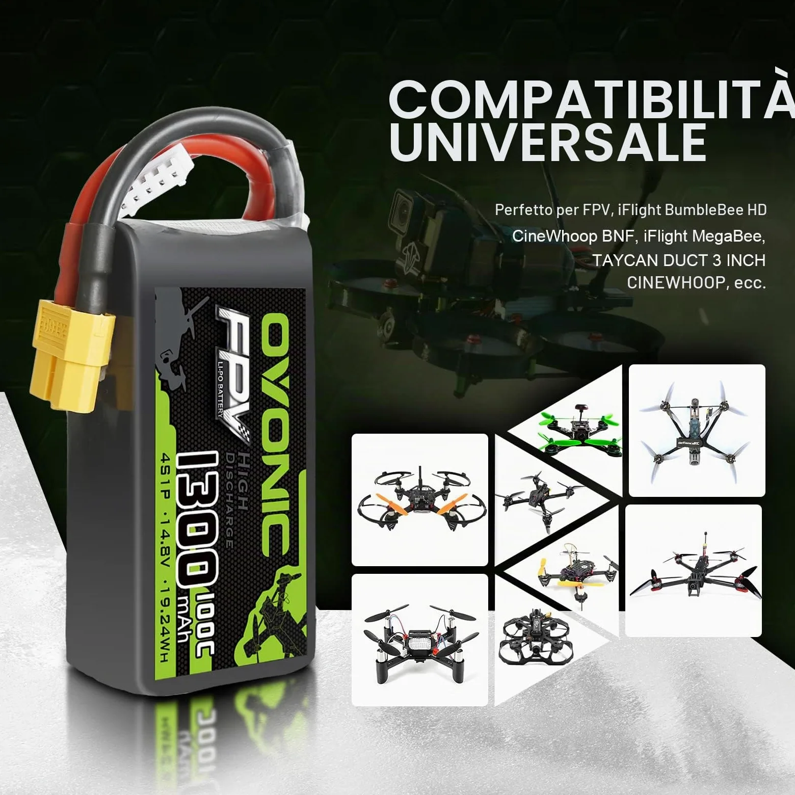OVONIC Batteria Lipo 4s 14.8V 1300mAh 100C con connettore XT60 per FPV Racing RC Quadcopter Elicottero Aereo Multi-Motore Hobby Parti fai da te (2 confezioni)