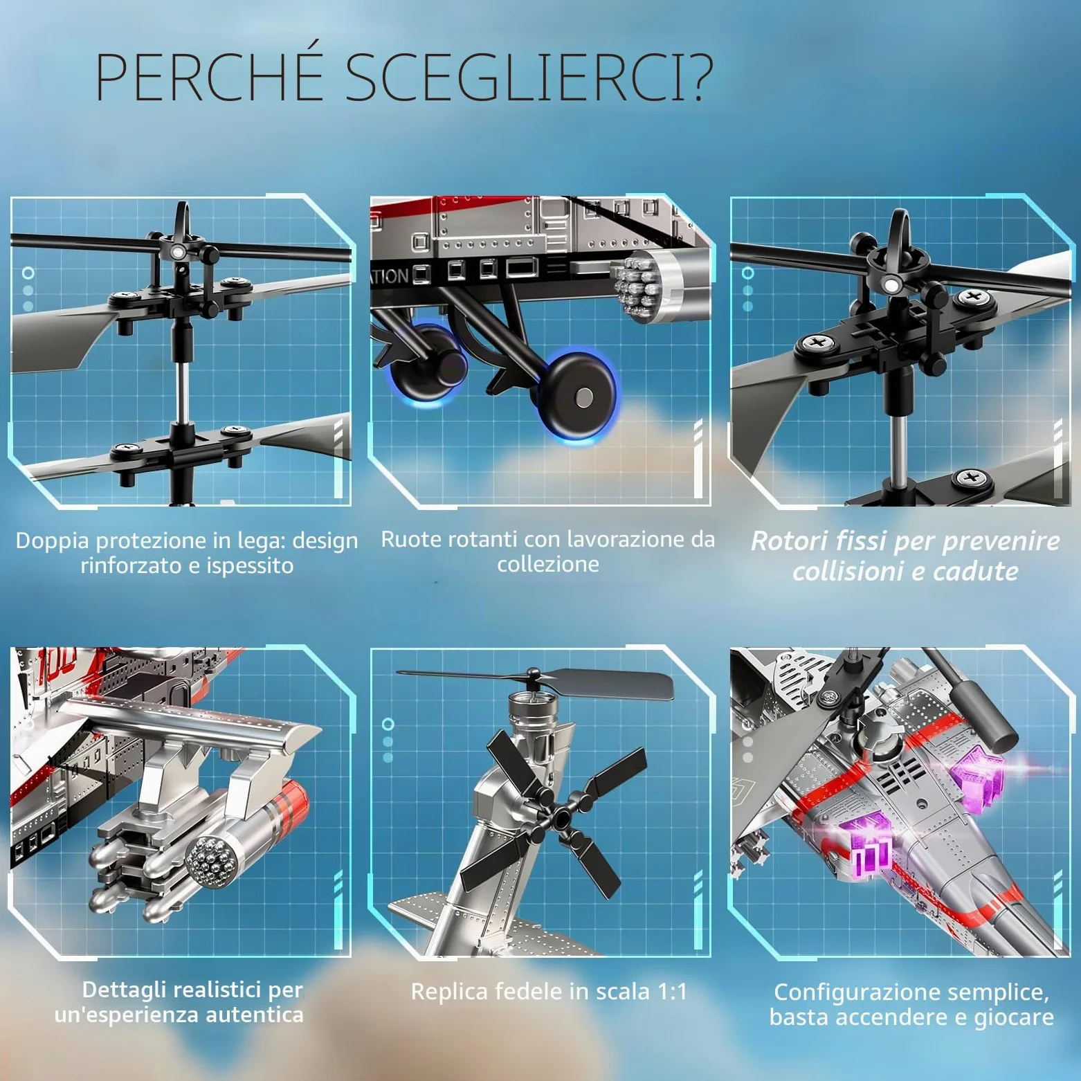 XIKOTEC Elicottero Telecomandato per Bambini Elicottero Radiocomandato | Elicottero RC con 2 Batt, LED & Decollo/Atterraggio 1 Tasto, Elicottero Giocattolo Giochi Regalo per Ragazzi 8+ Argenteo