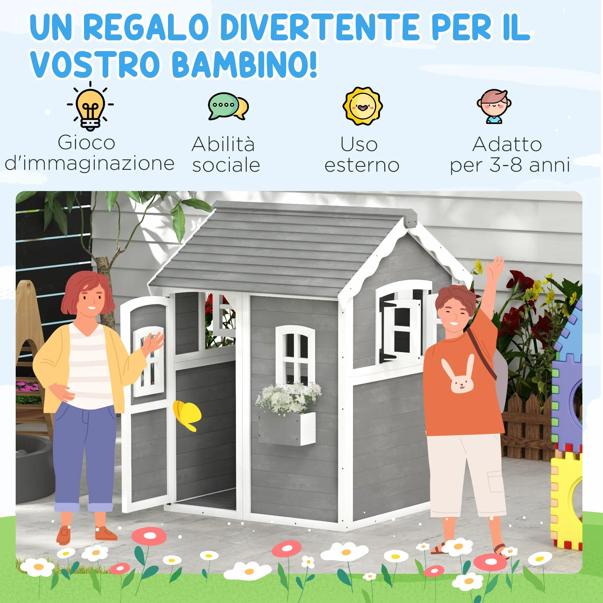 Outsunny Casetta per Bambini 3-8 Anni con 6 Finestre e Fioriera, Casetta da Gioco in Legno di Abete, 104.5x110x137 cm, Grigia