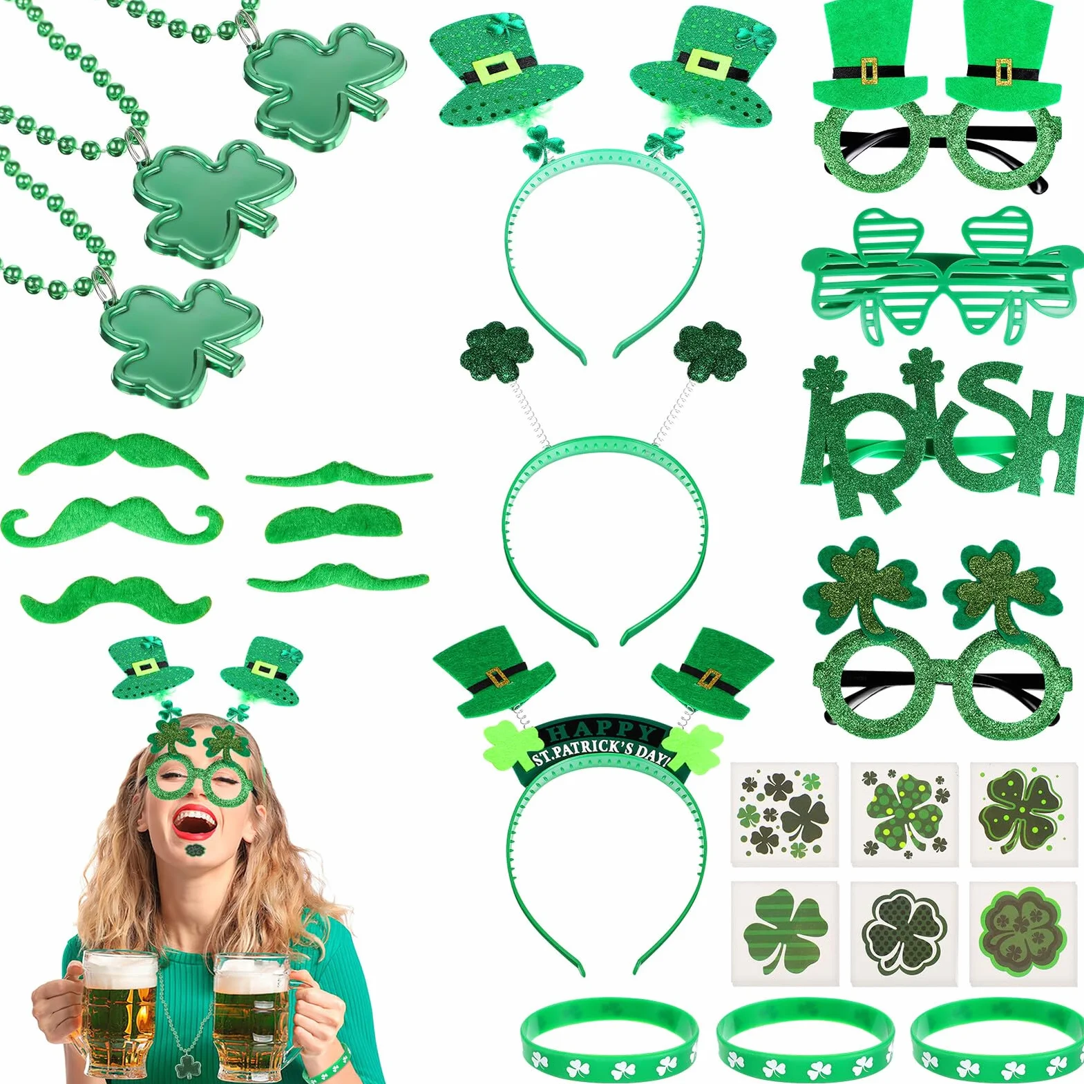 GLEAVI Kit Festa San Patrizio 91 Pezzi con Occhiali, Cerchietti, Collane Trifoglio, Braccialetti e Adesivi per Travestimenti, Accessori per Party a Tema, Carnevale e Servizi Fotografici