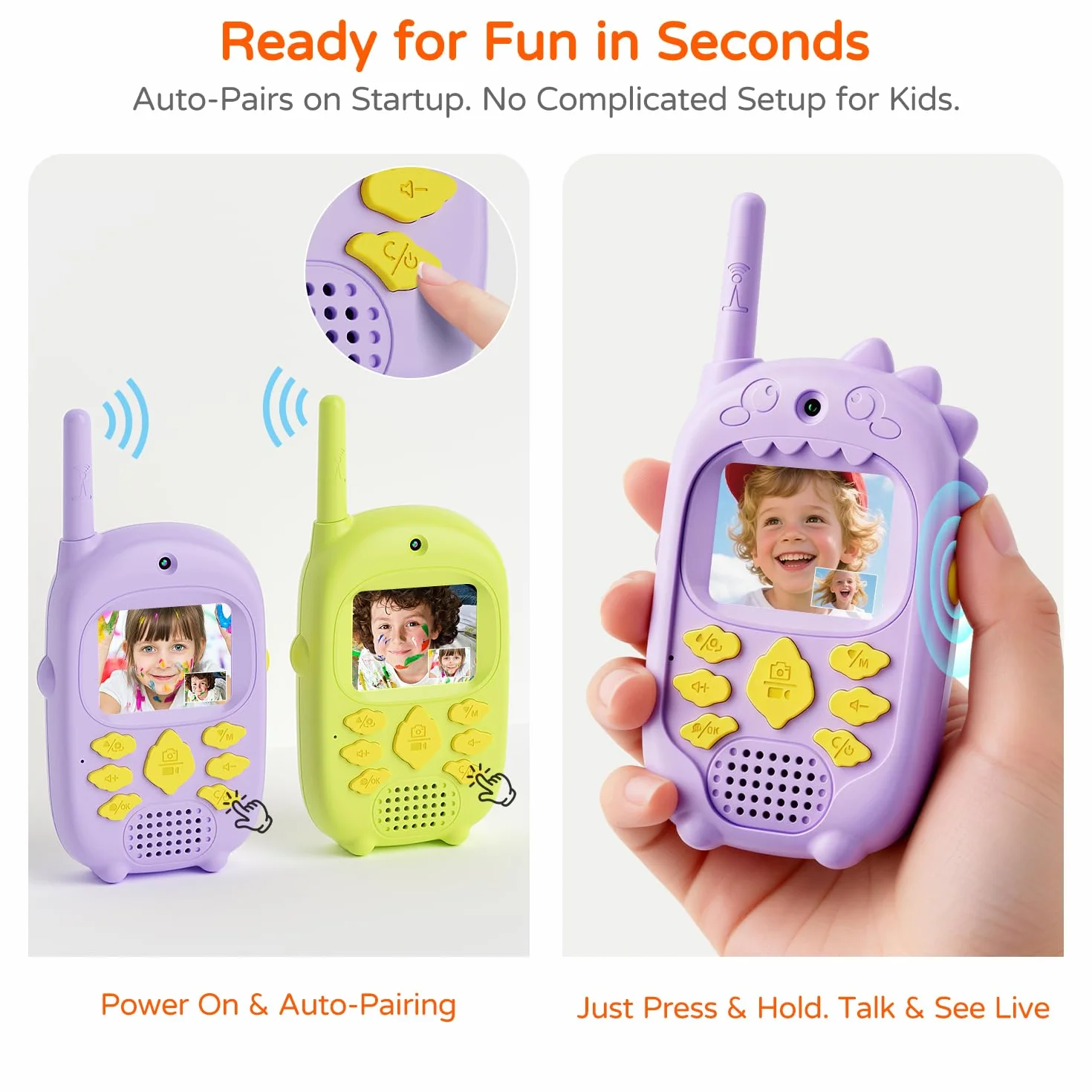Walkie Talkie Video a Doppia Fotocamera per Bambini 3-12 Anni, Set da 2 con Fotocamera Anteriore e Posteriore, Ricaricabile