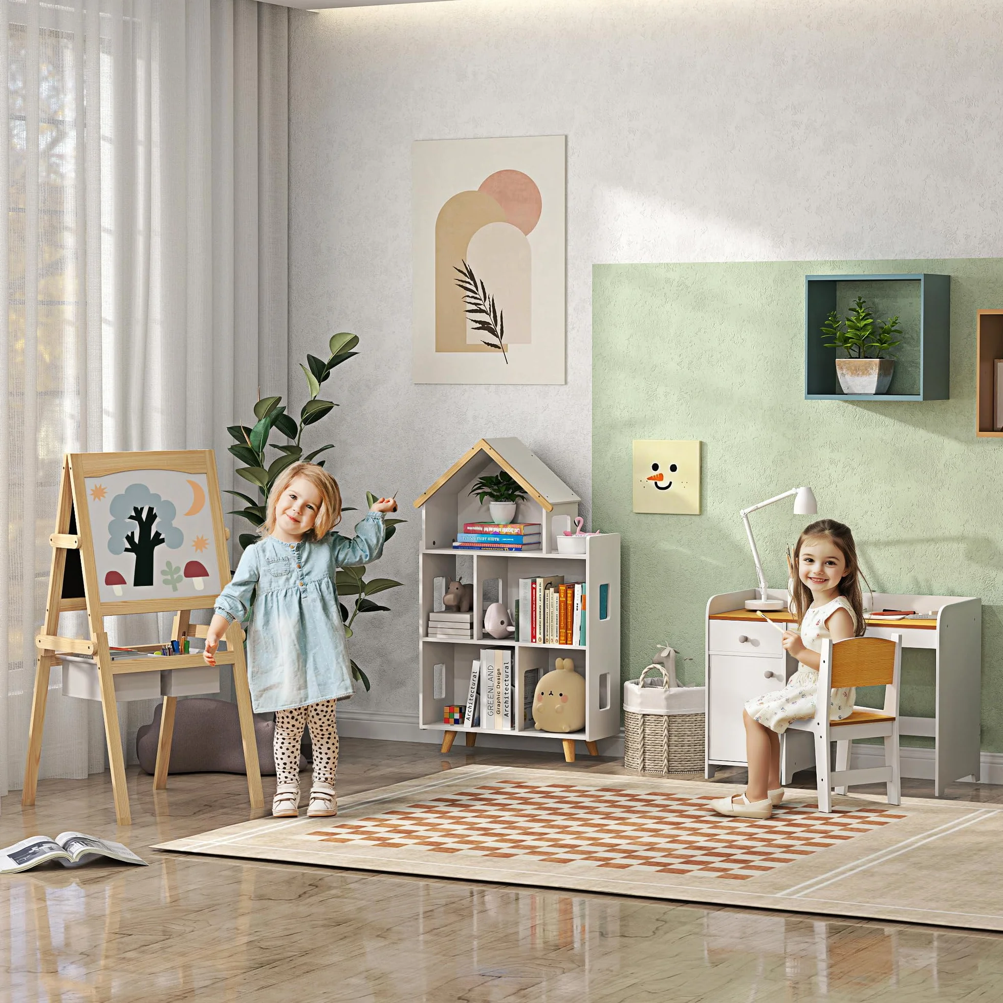 AIYAPLAY Lavagna per Bambini 3 in 1 Multiattività con Due Cestini, Cavalletto Artistico in Legno 58x50.5x109cm