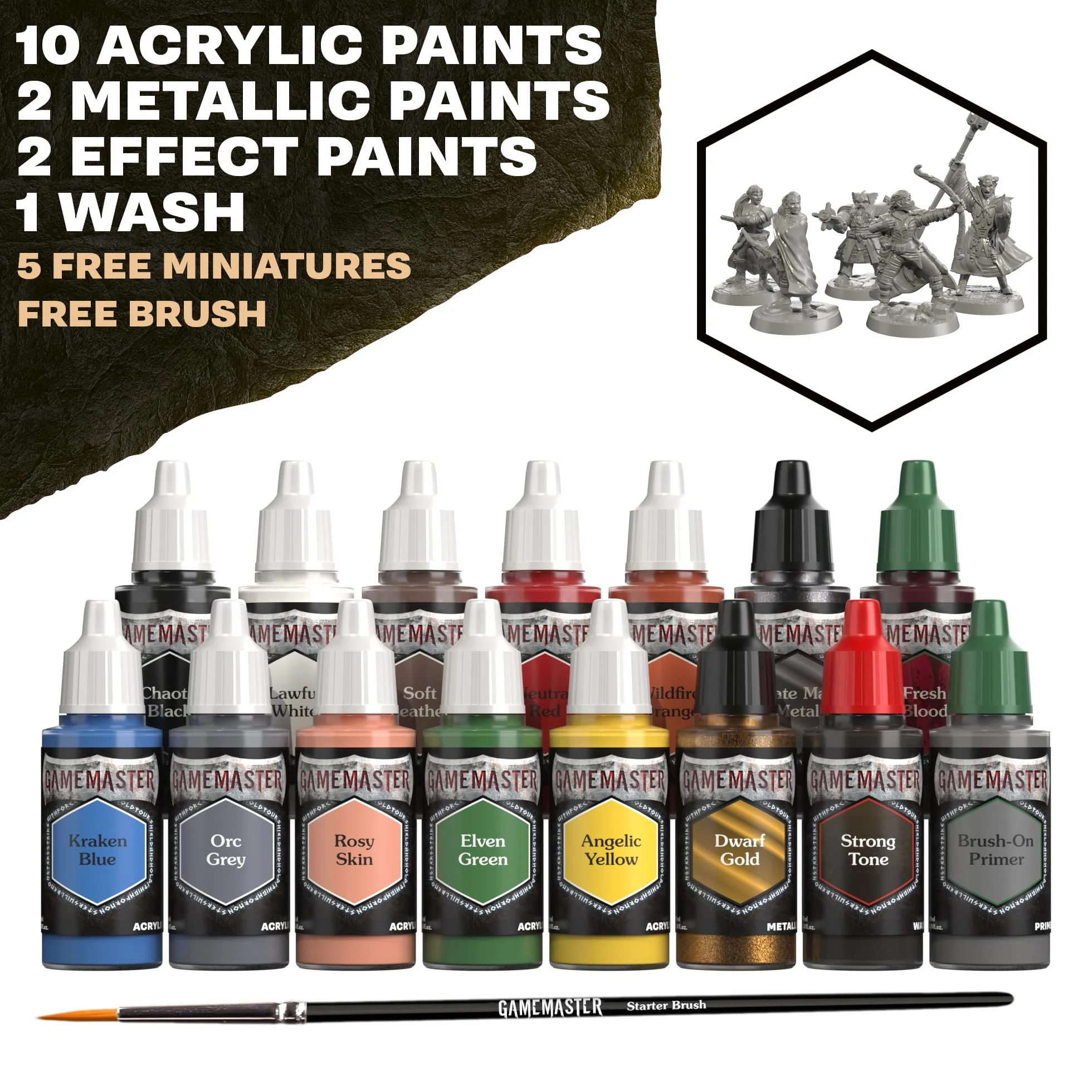 The Army Painter, GameMaster: Adventure Starter Role-playing Paint Set, 15 x 18 ml Warpaints Fanatic, incl. primer, 5 miniatures & 1 pennello – per D&D e Warhammer