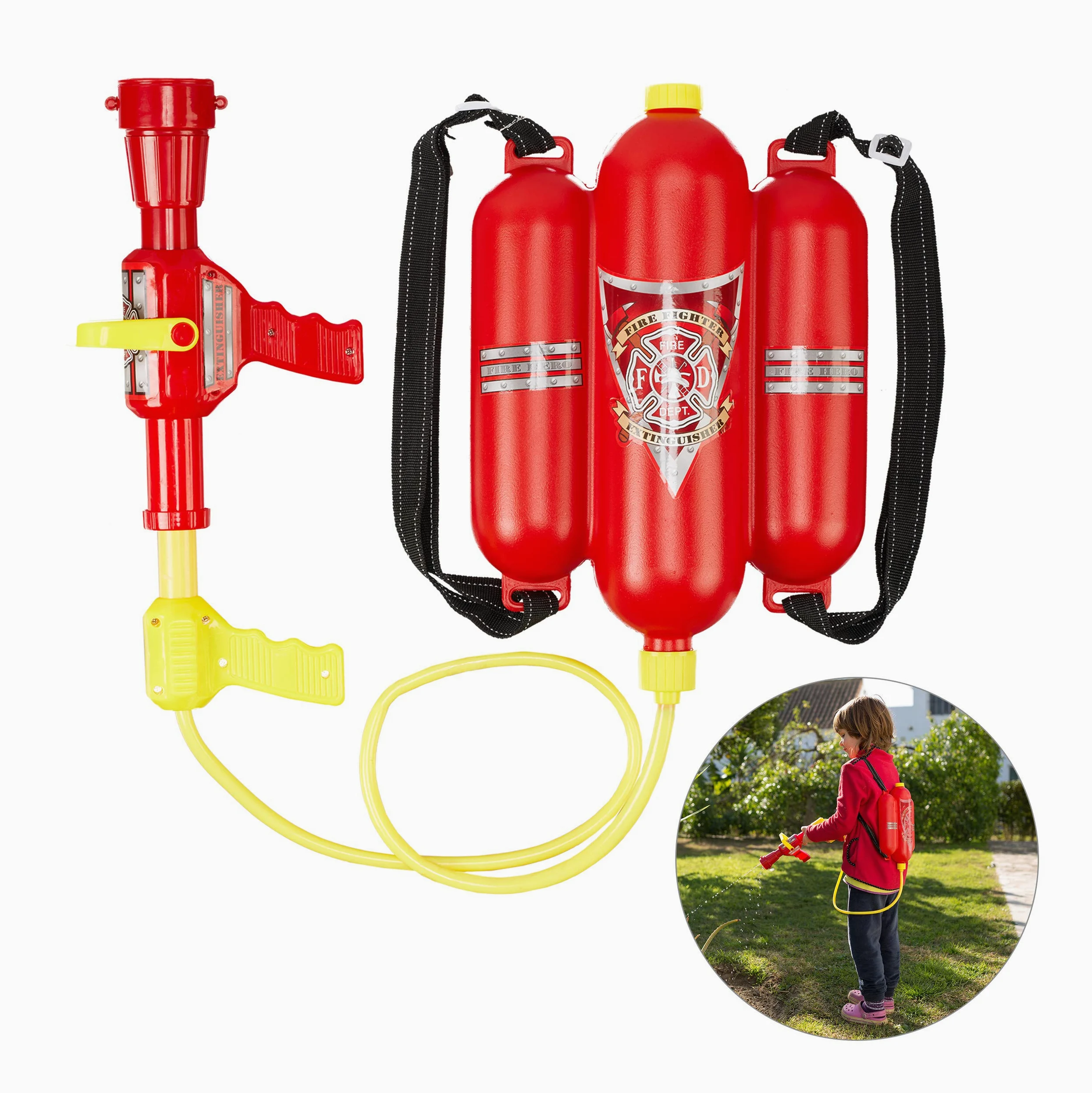 Relaxdays 10x Fucile ad Acqua da Pompieri, Serbatoio da 2,5 L, Gittata di 5 m, Zaino Antincendio per Bambini, Rosso-Giallo