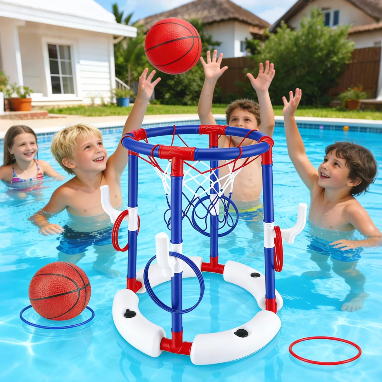 Set da basket galleggiante 2 in 1 per piscina, con 4 palloni grandi e 12 anelli, pompa inclusa. Sport acquatici gonfiabili per bambini, adulti e famiglie Divertimento in piscina, al lago o in spiaggia