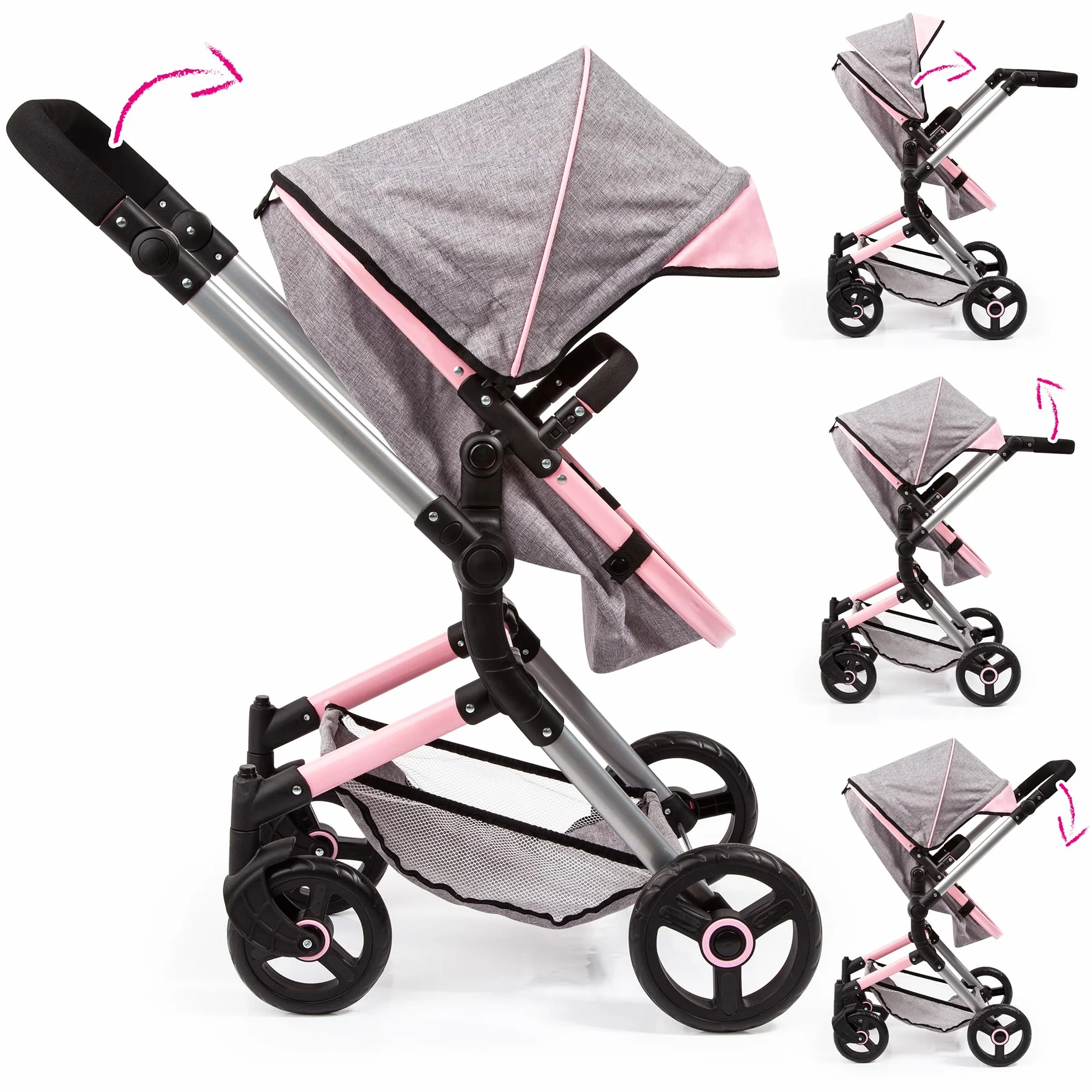 Bayer Design- Passeggino Neo Vario, Carrozzina per Bambole, Regolabile in Altezza, con Cesto e Borsa fasciatoio, Colore Grigio, Rosa, Farfalla, 18433AA