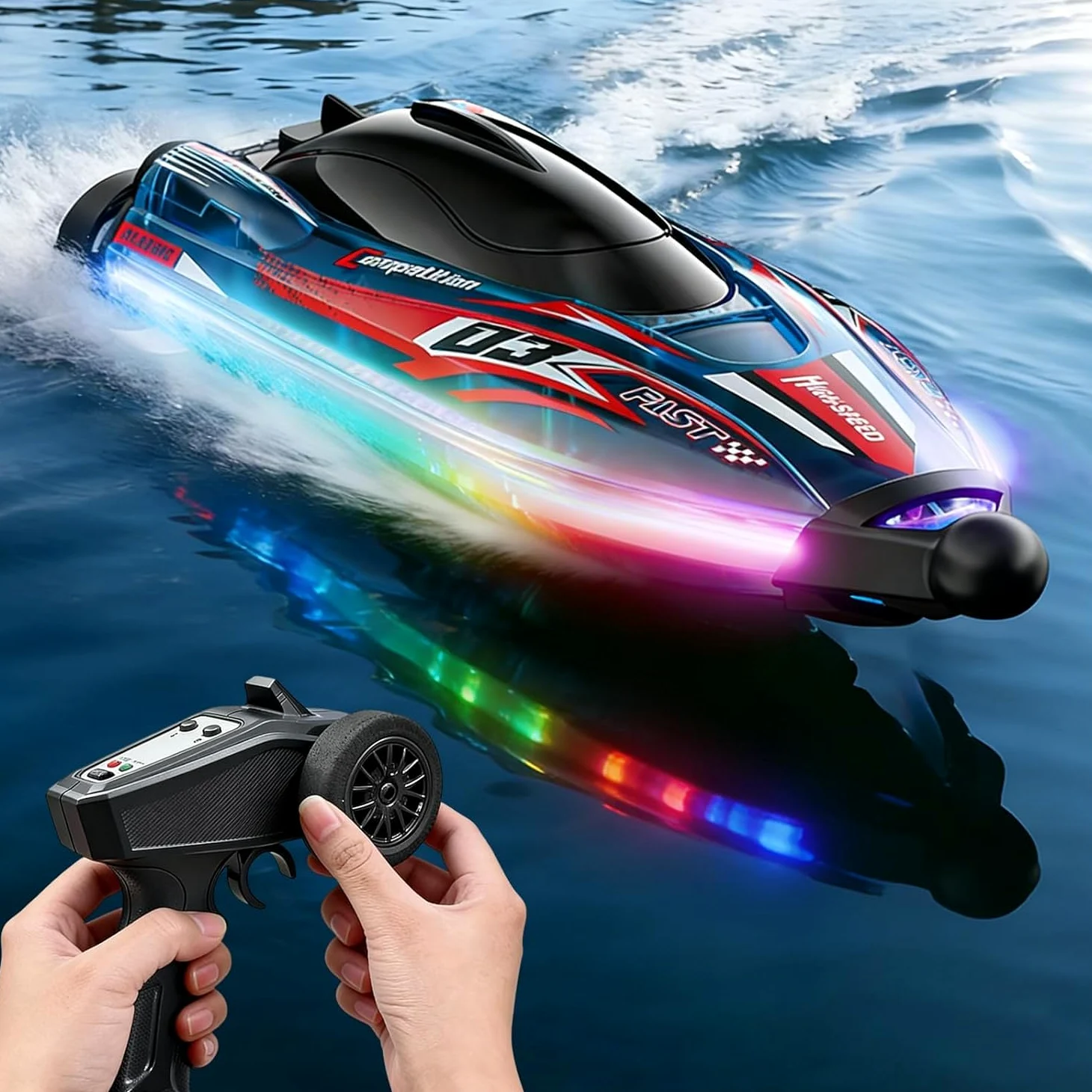 Telecomandate Senza Spazzole Barca, 2,4GHz RC Barca con Cool Luci LED | Boat ad Alta Velocità, Batterie Modulari, Impermeabile e Antiinclinazione, Giocattolo Acquatico per 6+ Ragazzi e Ragazze