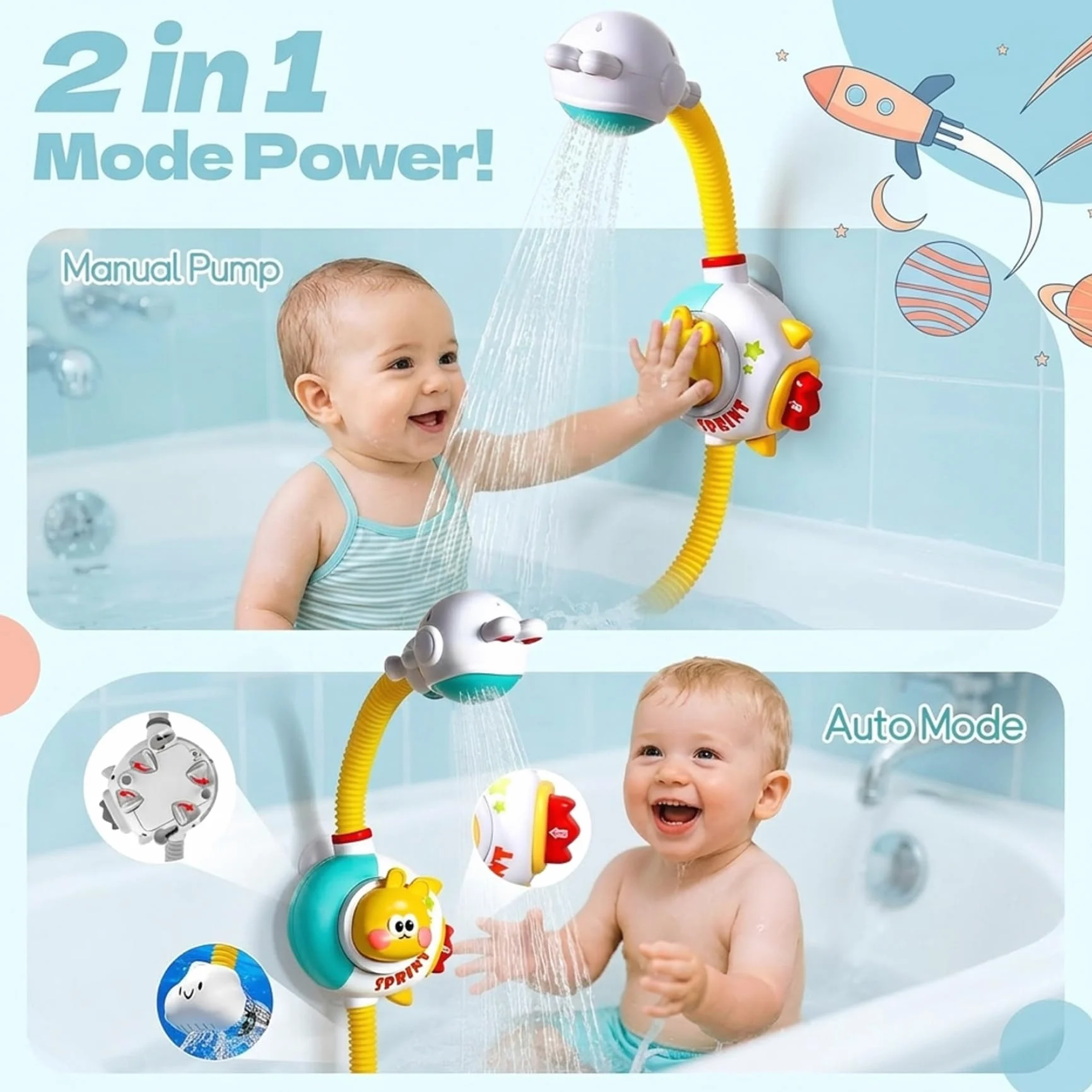 Giocattoli da bagno per bambini da 1 a 3 anni, soffione doccia a forma di coniglio con batteria ricaricabile, giocattoli da bagno per bambini da 3 5 anni, modalità manuale e ricaricabile, sciacquat