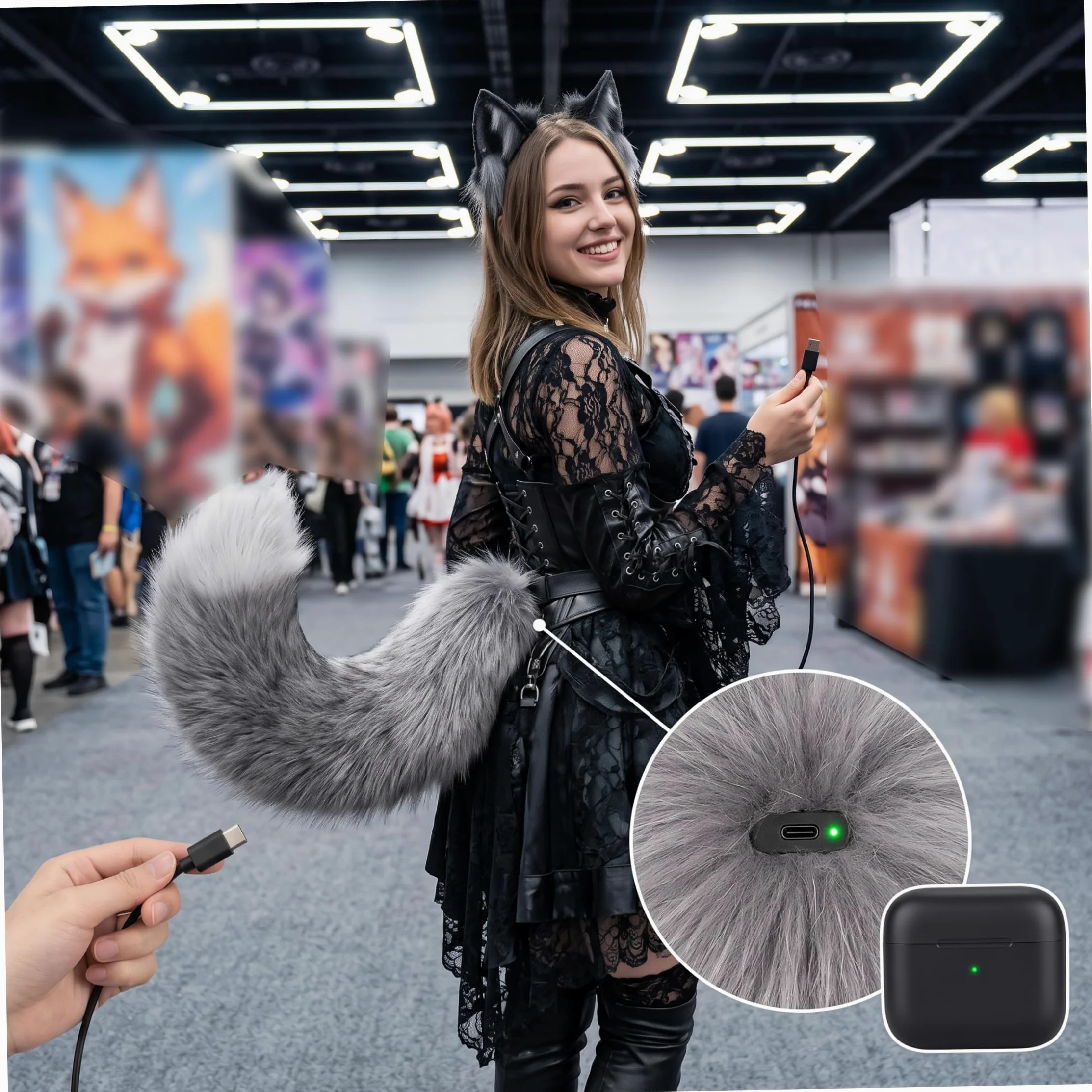 Coda mobile, accessorio cosplay coda di volpe elettrica ricaricabile, argento
