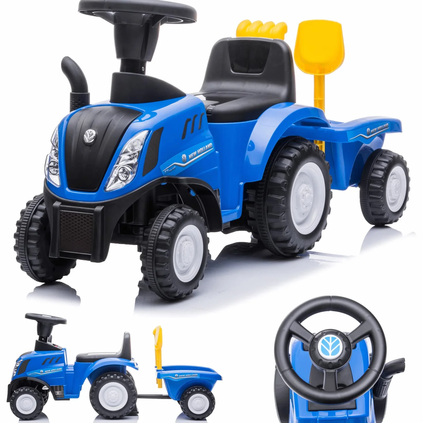 Sun Baby New Holland Macchinina Cavalcabile per Bambini 12 Mesi con Pala e Rastrello, Clacson, Suono Motore (Blu)