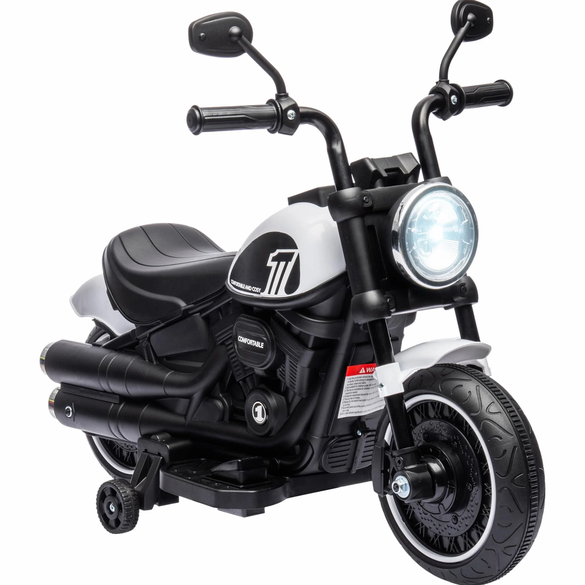 HOMCOM Moto Elettrica Bambini 18-36 Mesi 6V con Rotelle Supplementari, 3km/h Motorino Elettrico per Bambini, Motocicletta Bimbi con Fanale, Max. 25kg, Bianco e Nero