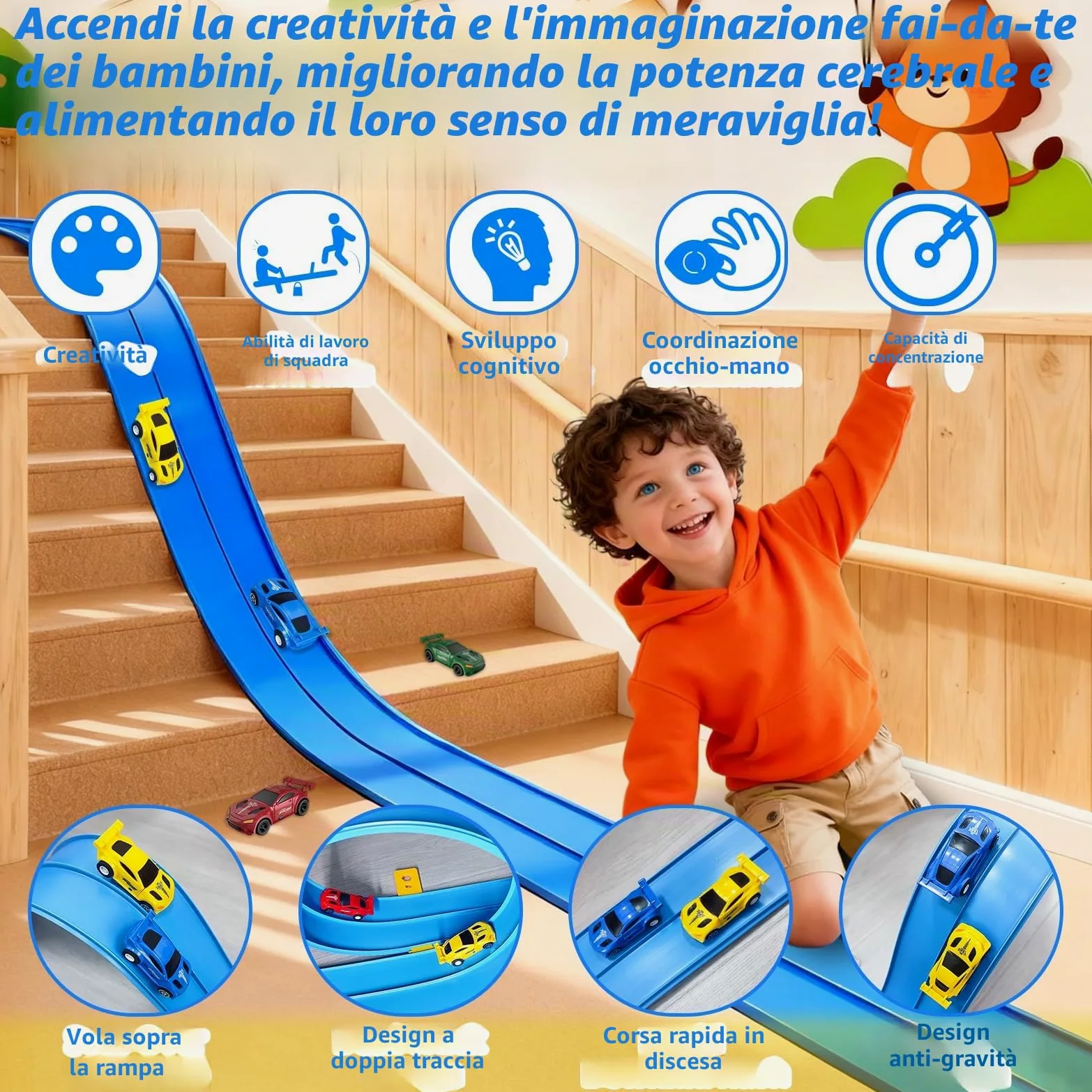 RedCrab Pista da Corsa Flessibile per Bambini, Lunga 5 m Pista da Corsa Flessibile con 4 Macchinine e 4 Ventose, Compatibile con Modellini di Auto Diecast in Scala 1:64