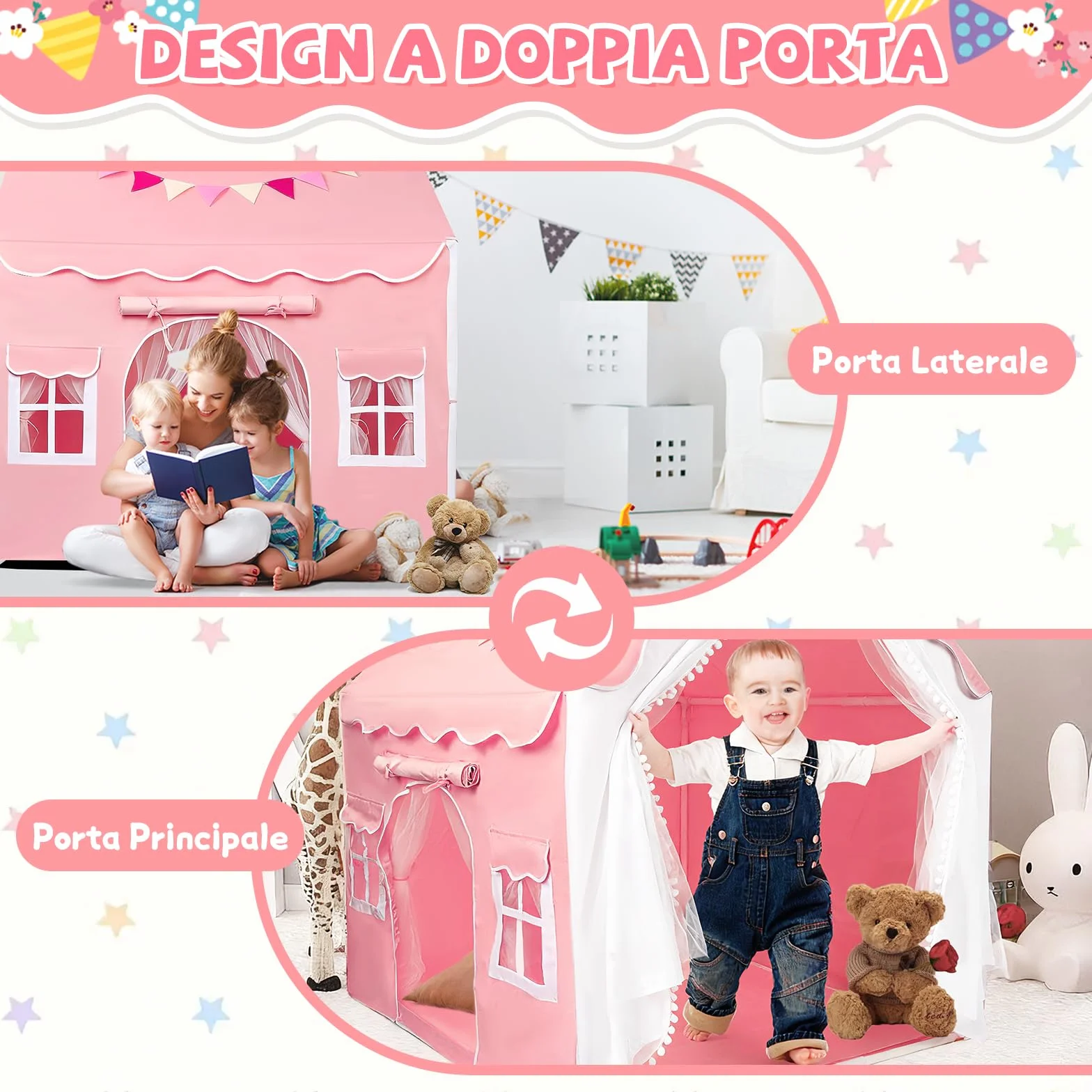 JONRRYIN 2 IN 1 Tenda per Bambini Cameretta, Tenda da Gioco con 2 Porte per Interni Esterni con Finestre, Luci LED e Bandierine, Tenda Letto Casetta Tenda per Bambini Regalo