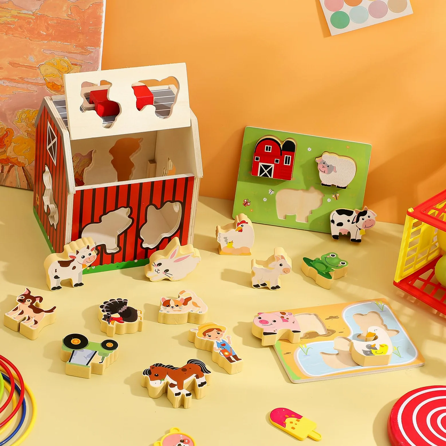 Hemobllo Set Gioco Fattoria Animali in Legno Montessori Stem | Attività Prescolare 2-5 Anni, per Interno, Ragazze e Ragazzi, Riconoscimento Colori