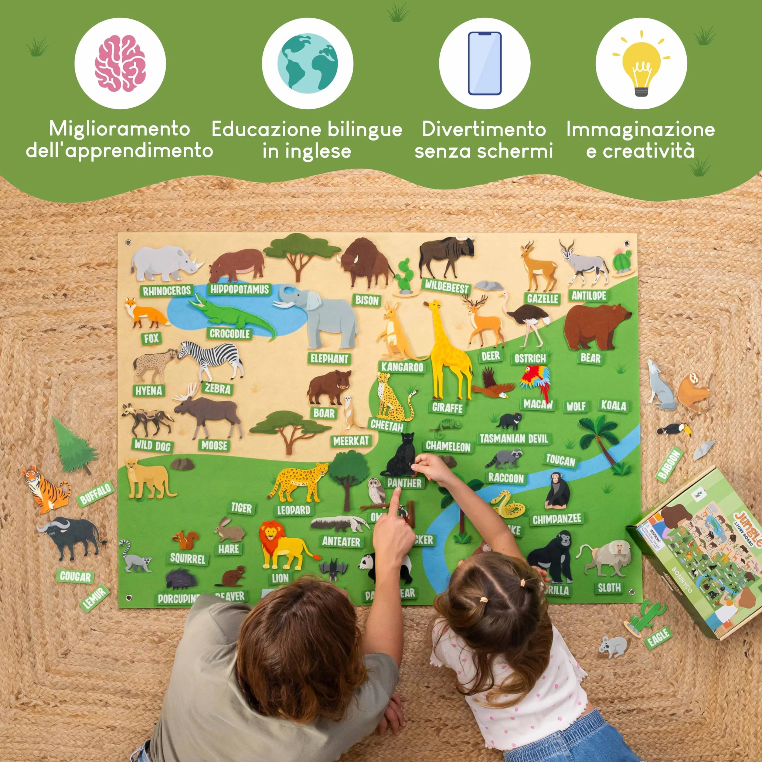 BONNYCO Lavagna di Feltro con 116 Figure di Animali della Giungla. Giochi Montessori e Regalo Compleanno Bambini dai 3-8 Anni. Pannello Sensoriale per Autismo, Giocattoli Educativi