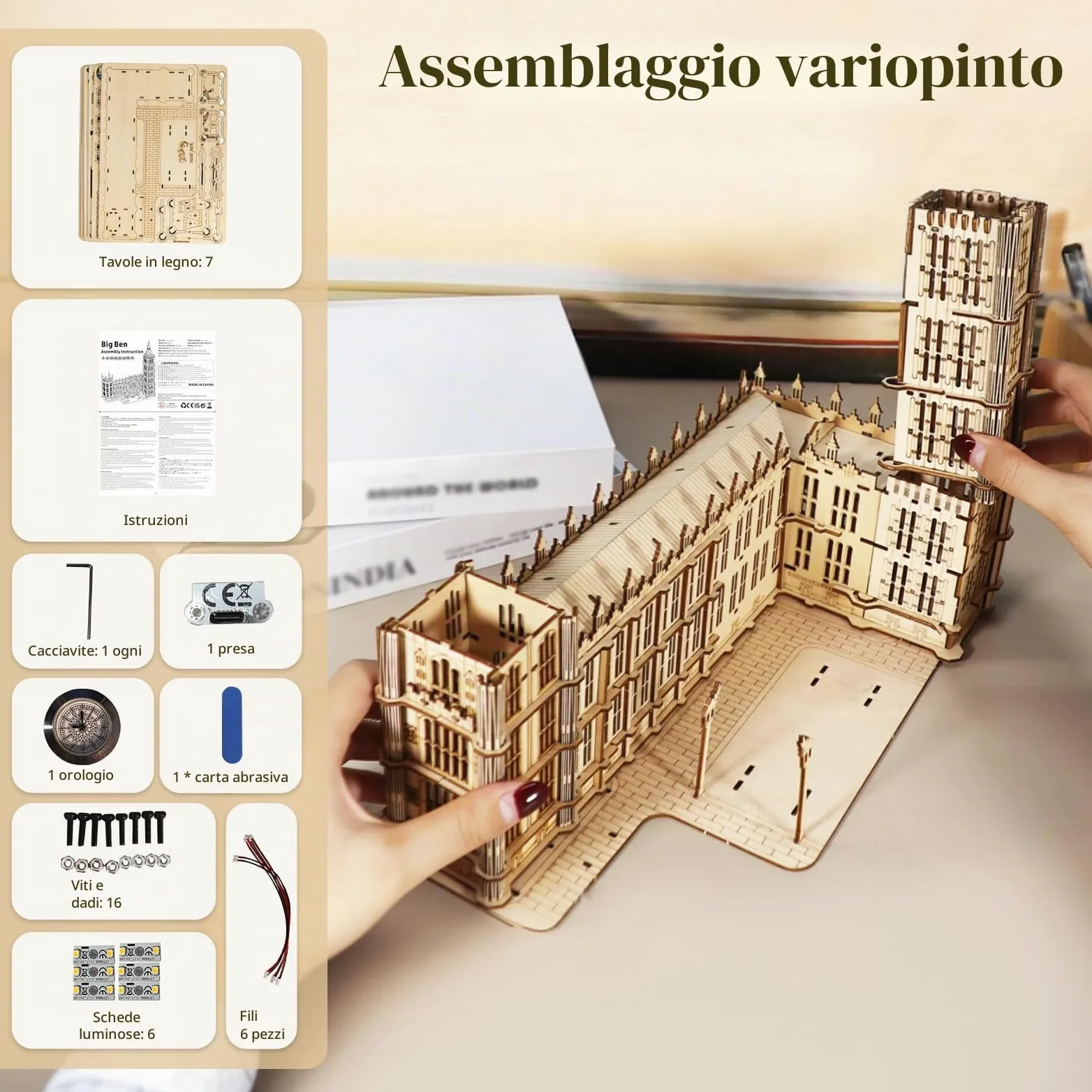 Puzzle 3D in legno Big Ben con orologio funzionante - Kit modello da 306 pezzi per adulti - Non richiede colla - Fai da te con ruota panoramica mobile - Decorazione per ufficio e soggiorno