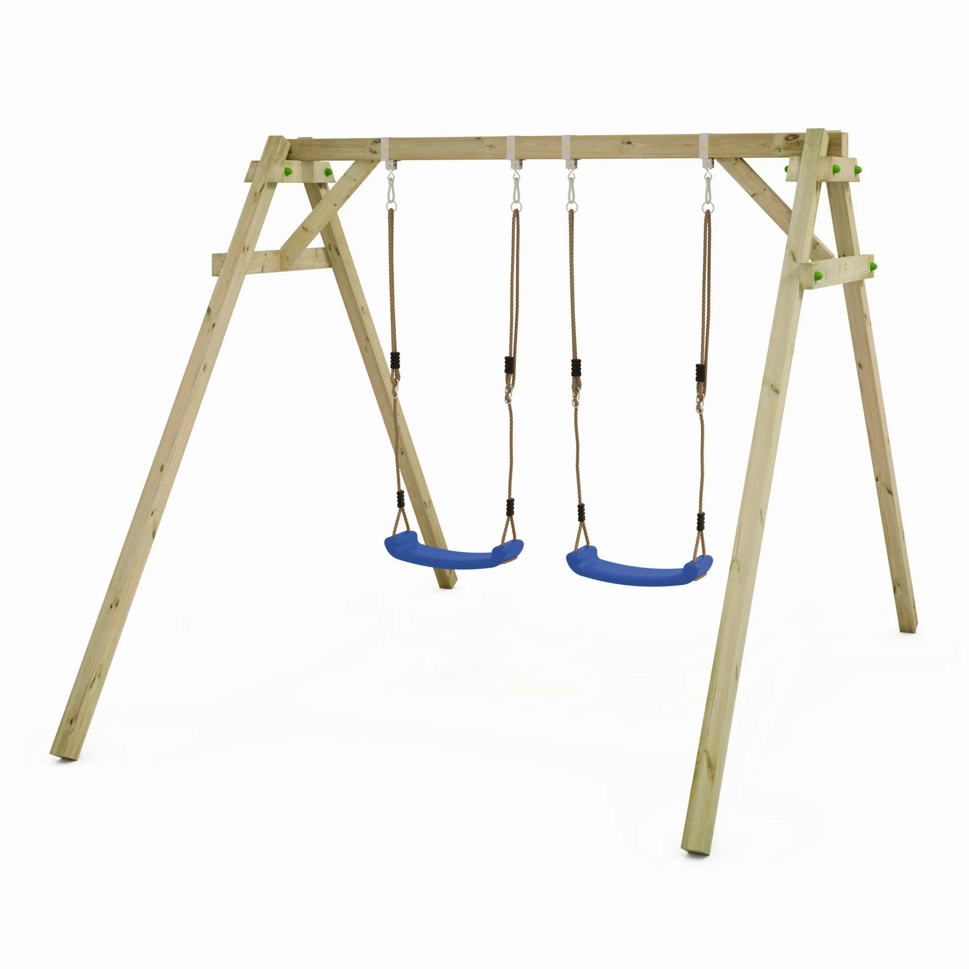 Altalena WICKEY Smart Move gioco per bambini con struttura in legno e seggiolini color blu, altalena doppia in legno da esterno o da giardino