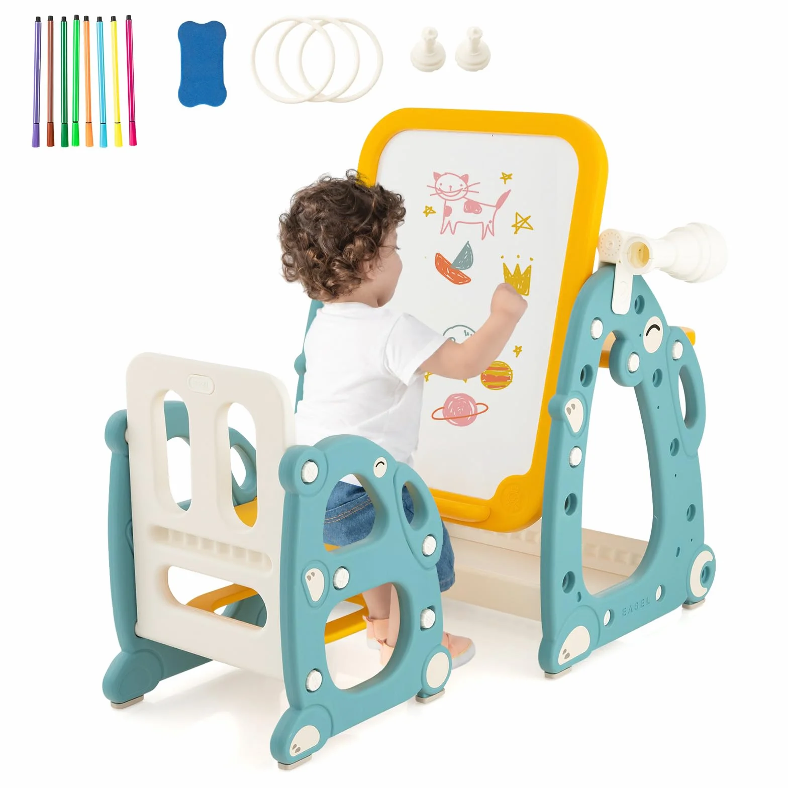 GYMAX Tavolozza Artistica 4 in 1 per Bambini con Sedia, Set Tavolo e Sedia per Disegno con Lavagna Magnetica Regolabile