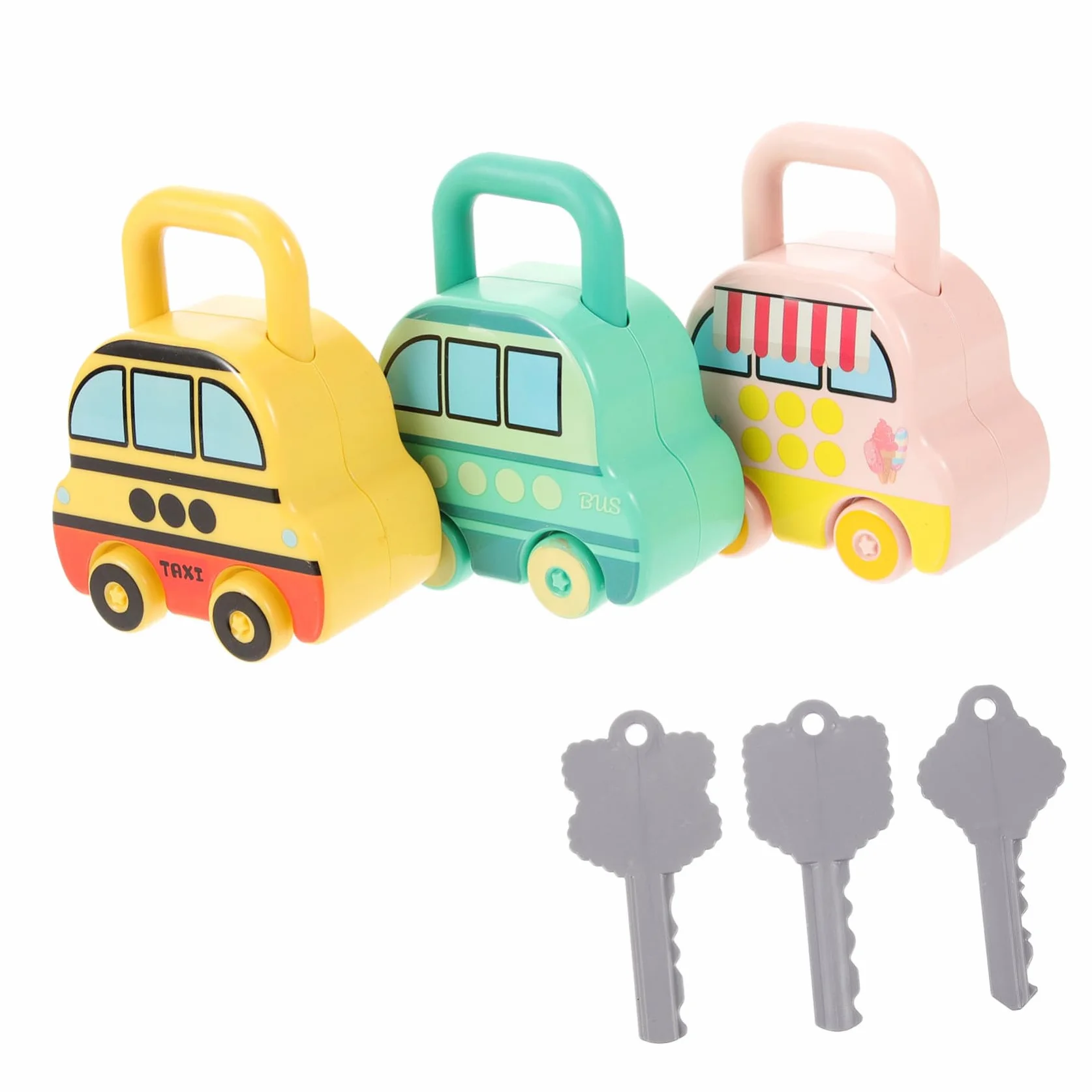 BESPORTBLE 3 Pezzi Giocattolo Lucchetto e Chiave Forma Autobus Giocattoli Auto Scorrevoli Chiavi Abilità Motorie Fini Ragazzo Ragazza
