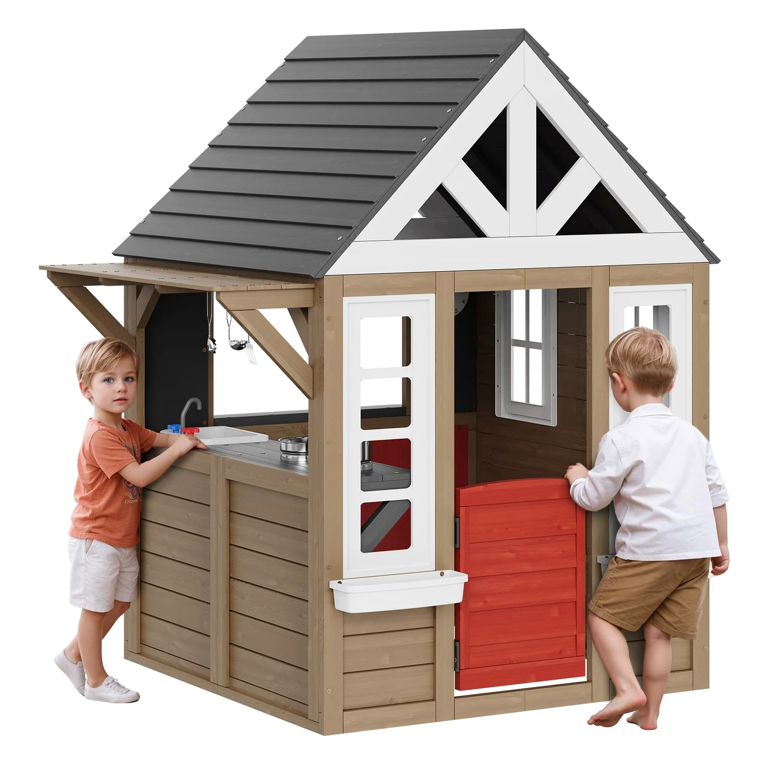 VEVOR Casetta da Gioco per Bambini da Esterno in Legno, Casetta da Giardino per Bambini, Casetta Gioco da Cortile con Porta, Finestra, Supporto per Vaso di Fiori, Griglia, Fornello e Lavello